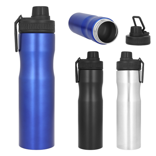 Cilindro de acero inoxidable con sujetador, tapa con cintillo de silicón y boquilla enroscable de plástico. AZUL