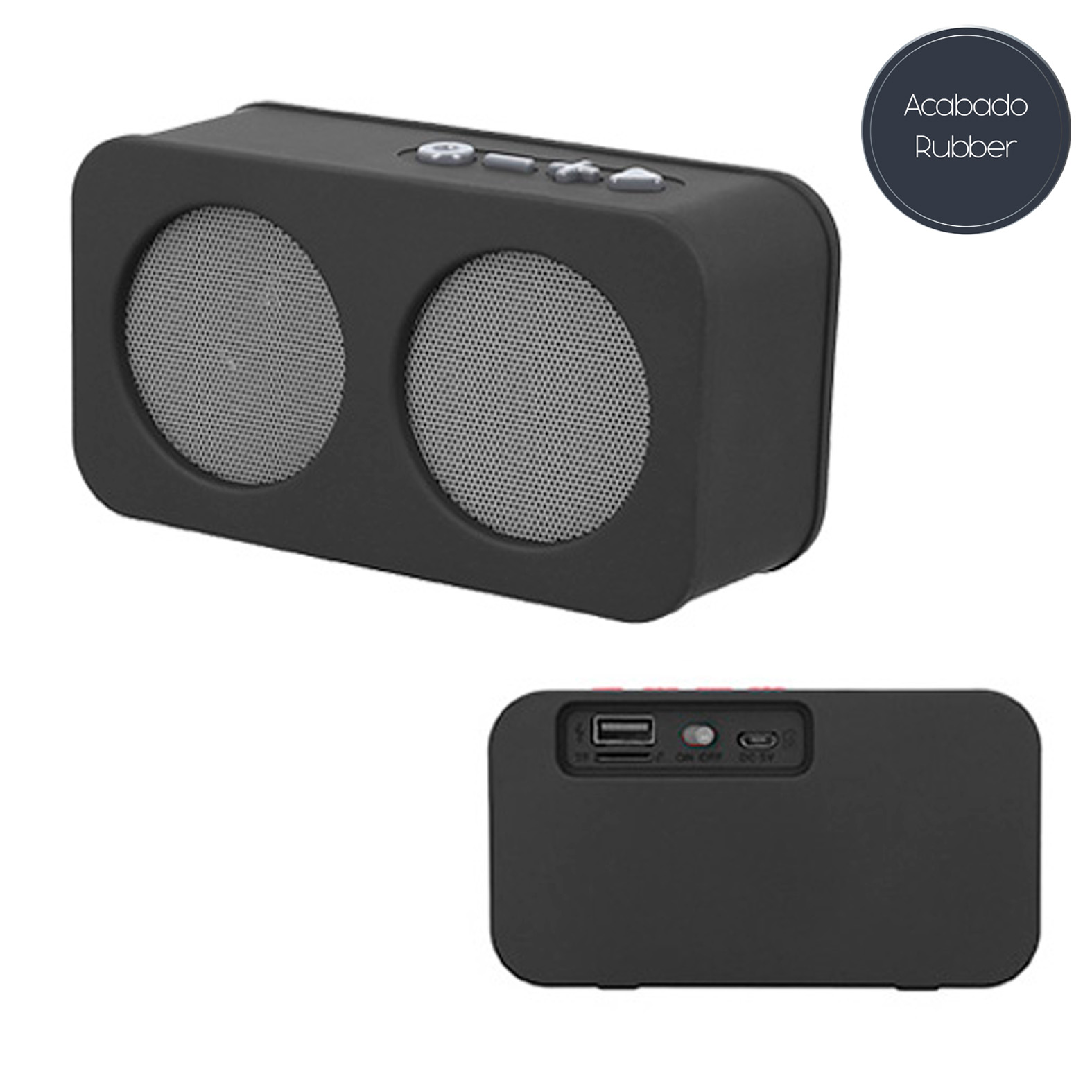 Bocina portátil de acabado rubber con Bluetooth, entrada SD, USB, radio FM y botones de color en contraste. Batería recargable con duración de 2-3 hrs. GRIS