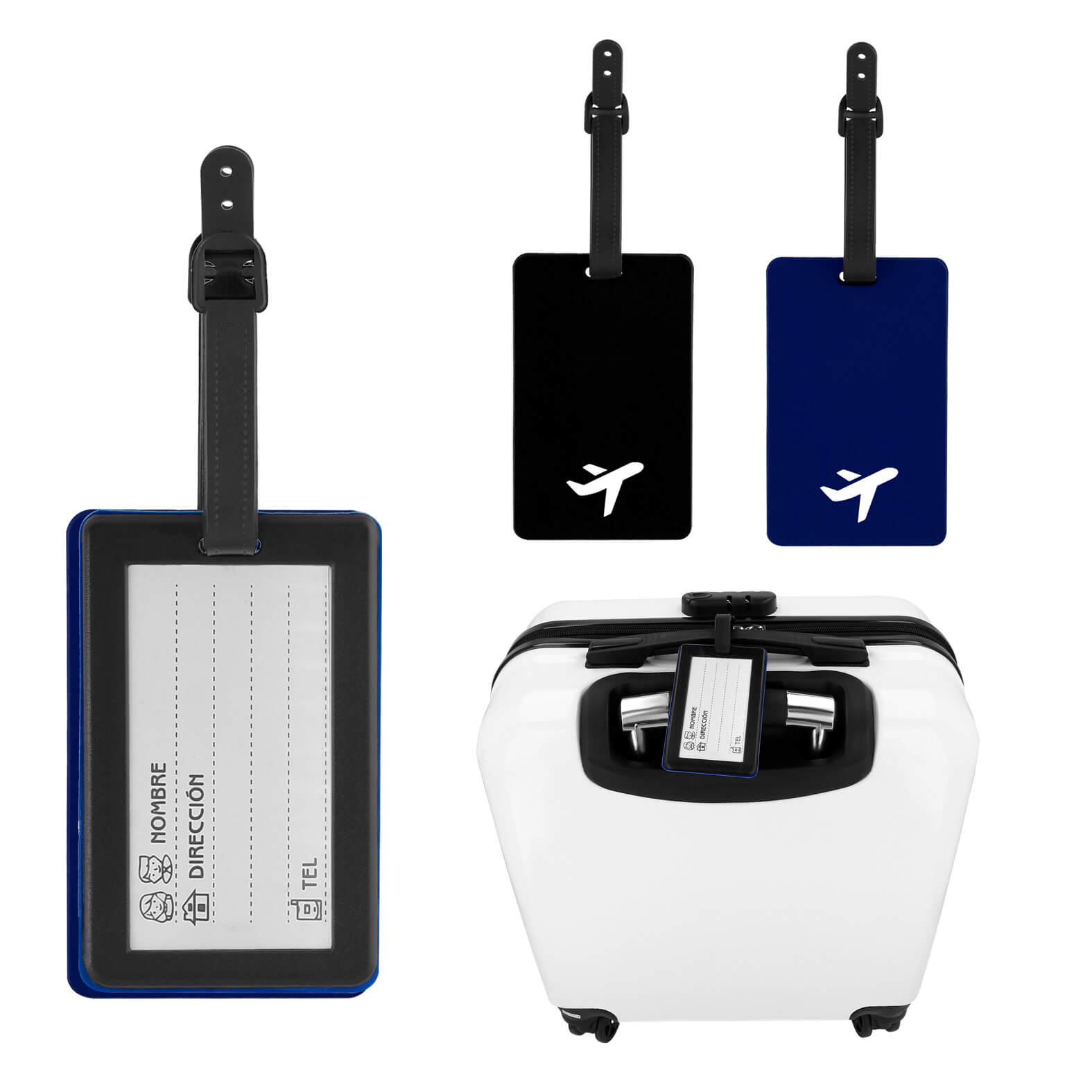 Identificador de equipaje de silicón con correa de plástico ajustable y forma de avión en el exterior. (incluye papel para datos). AZUL