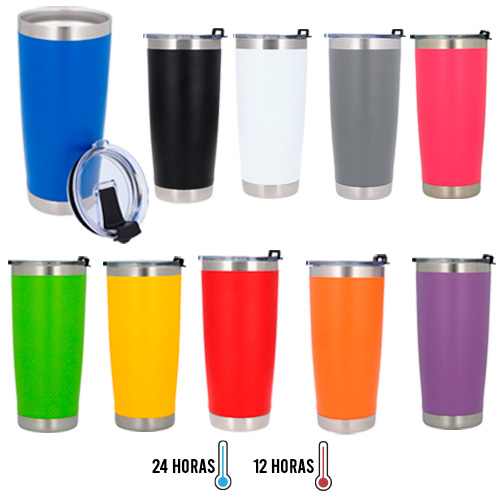 Termo insulado al vacío con doble pared de acero inoxidable y acabado rugoso. Incluye tapa de cierre a presión. AMARILLO