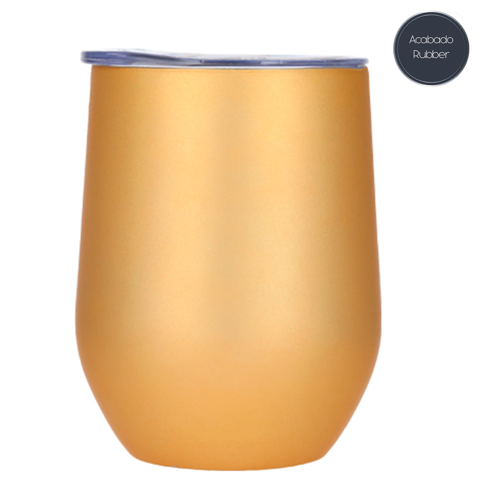 Termo con doble pared de acero inoxidable y acabado rubber. Incluye tapa transparente de cierre a presión. DORADO