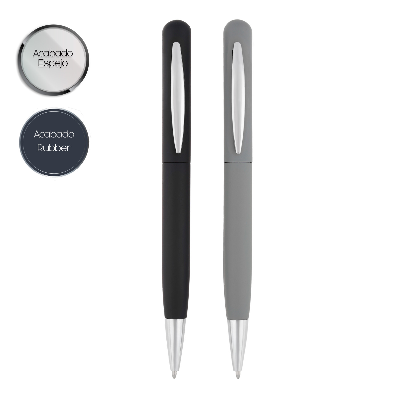 Bolígrafo métalico en acabado rubber con clip y punta metálica, con mecanismo retráctil. GRIS