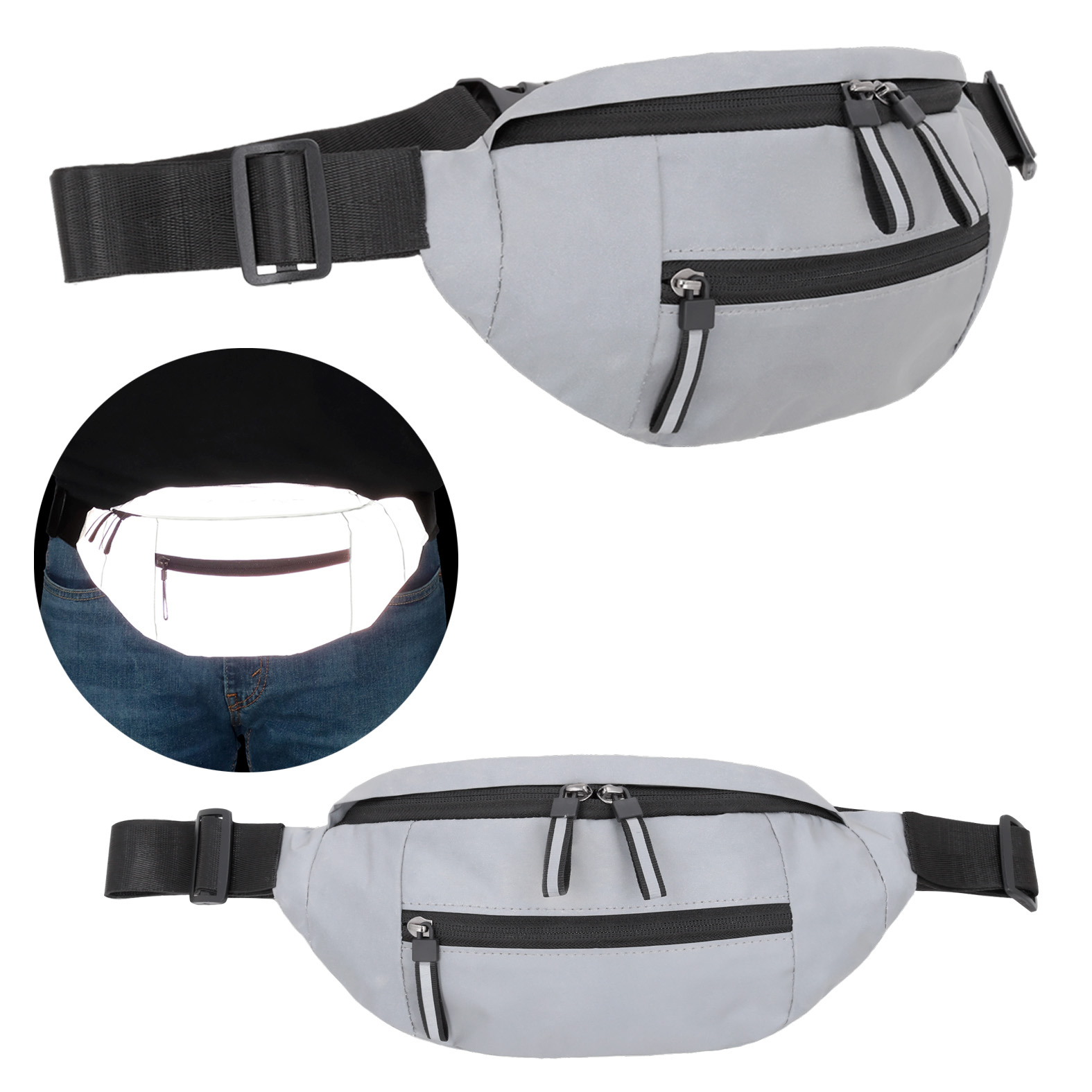 Cangurera antirreflejante que incluye, 1 compartimento principal con compartimento interno, 1 compartimento frontal, correa ajustable y broche de seguridad. GRIS