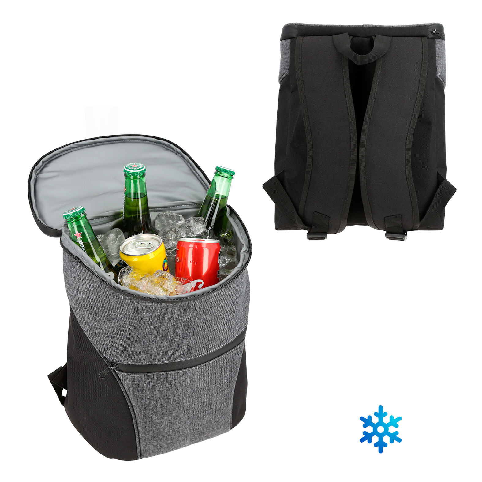 Hielera back pack con interior plastificado sellado. Cuenta con dos compartimentos con cierre, correas ajustables y asa. GRIS