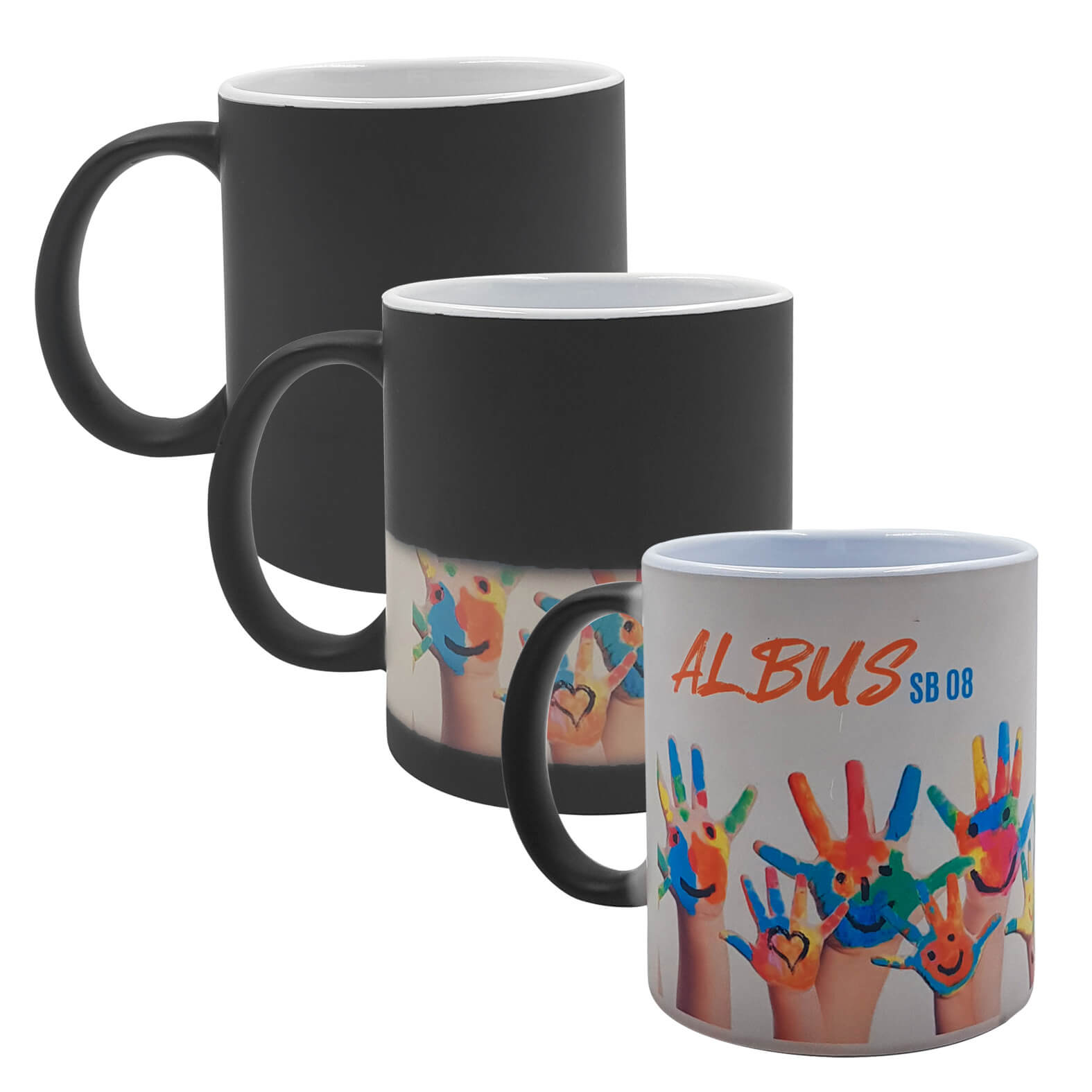 Taza mágica de cerámica para sublimación con acabado mate que al entrar en contacto con agua caliente cambia de color. NEGRO