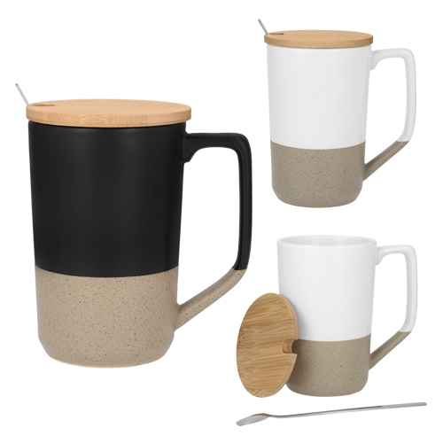 Taza de cerámica con acabado mate y texturizado en la parte inferior, tapa de bambú y cuchara de acero inoxidable. BLANCO