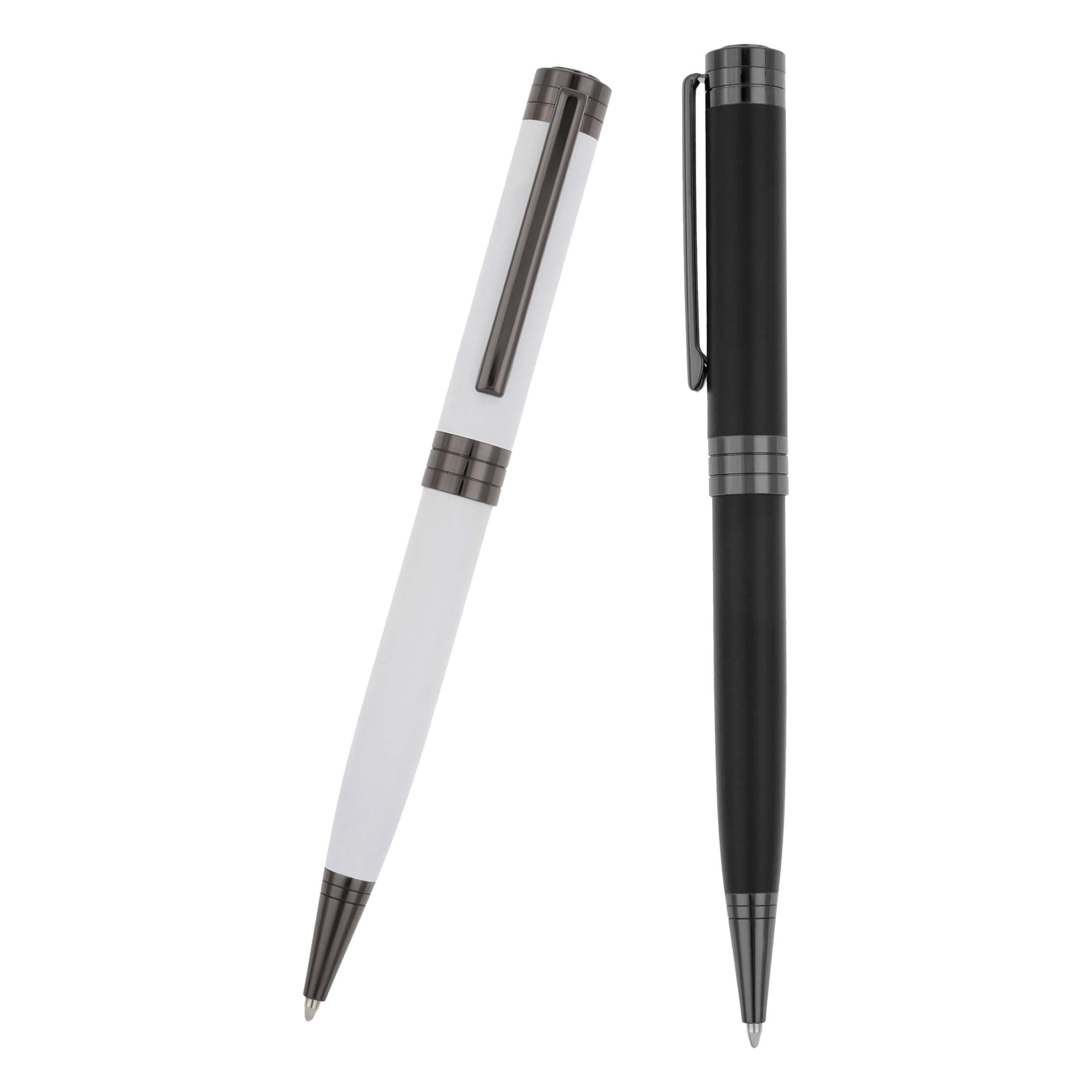 Bolígrafo metálico con clip, detalles en color negro en el cuerpo y mecanismo retráctil. BLANCO