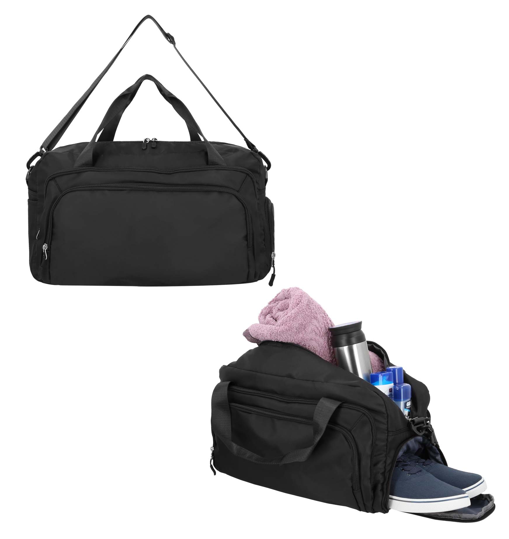 Maleta con 1 compartimento principal, 2 compartimentos frontales, zapatera, 1 compartimento lateral y asas. NEGRO