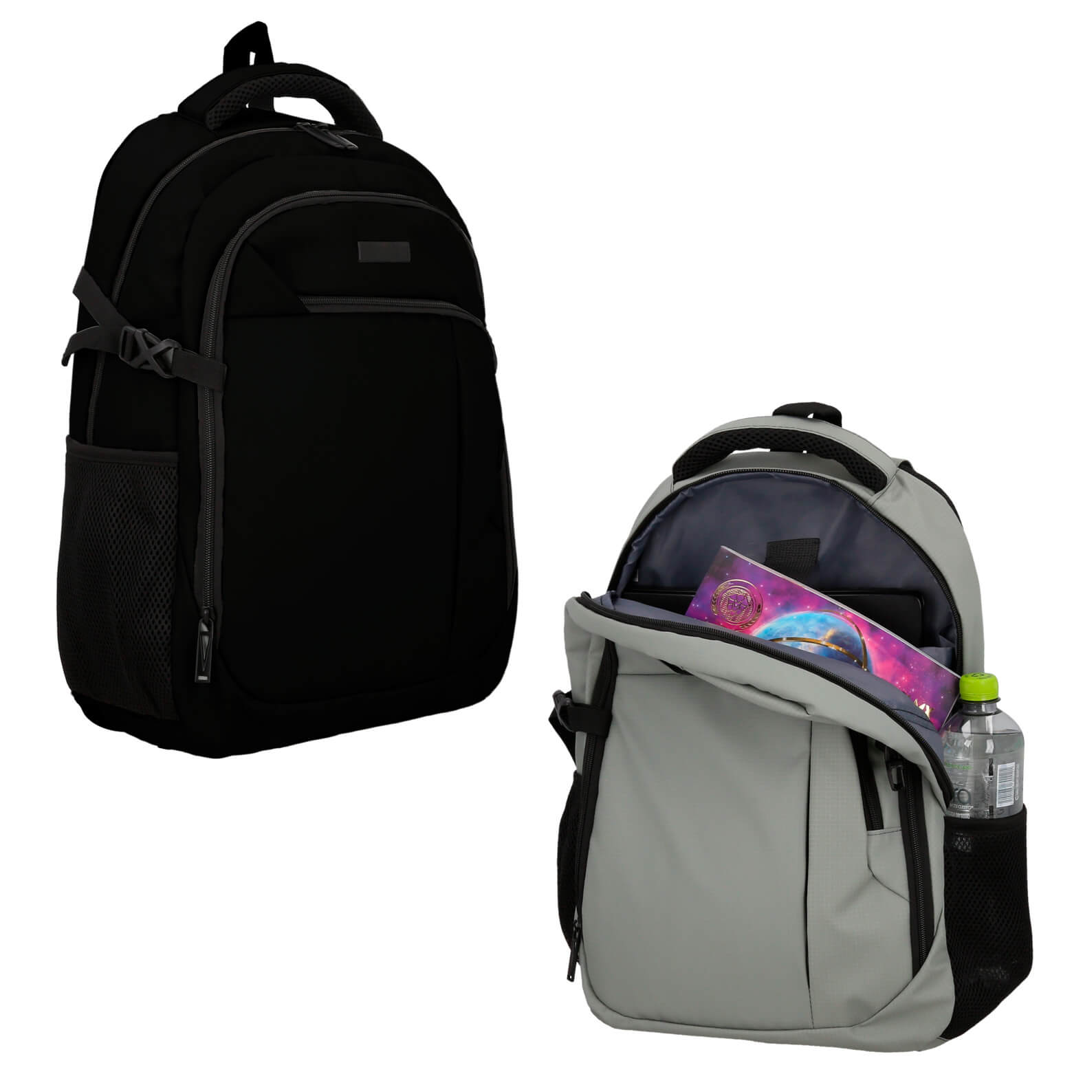 Mochila de 1 compartimento principal con porta laptop, 1 compartimento secundario con organizador, 2 bolsas frontales con cierre, 2 bolsas laterales, respaldo acolchado, tirantes con broche, carry on y asa superior. GRIS