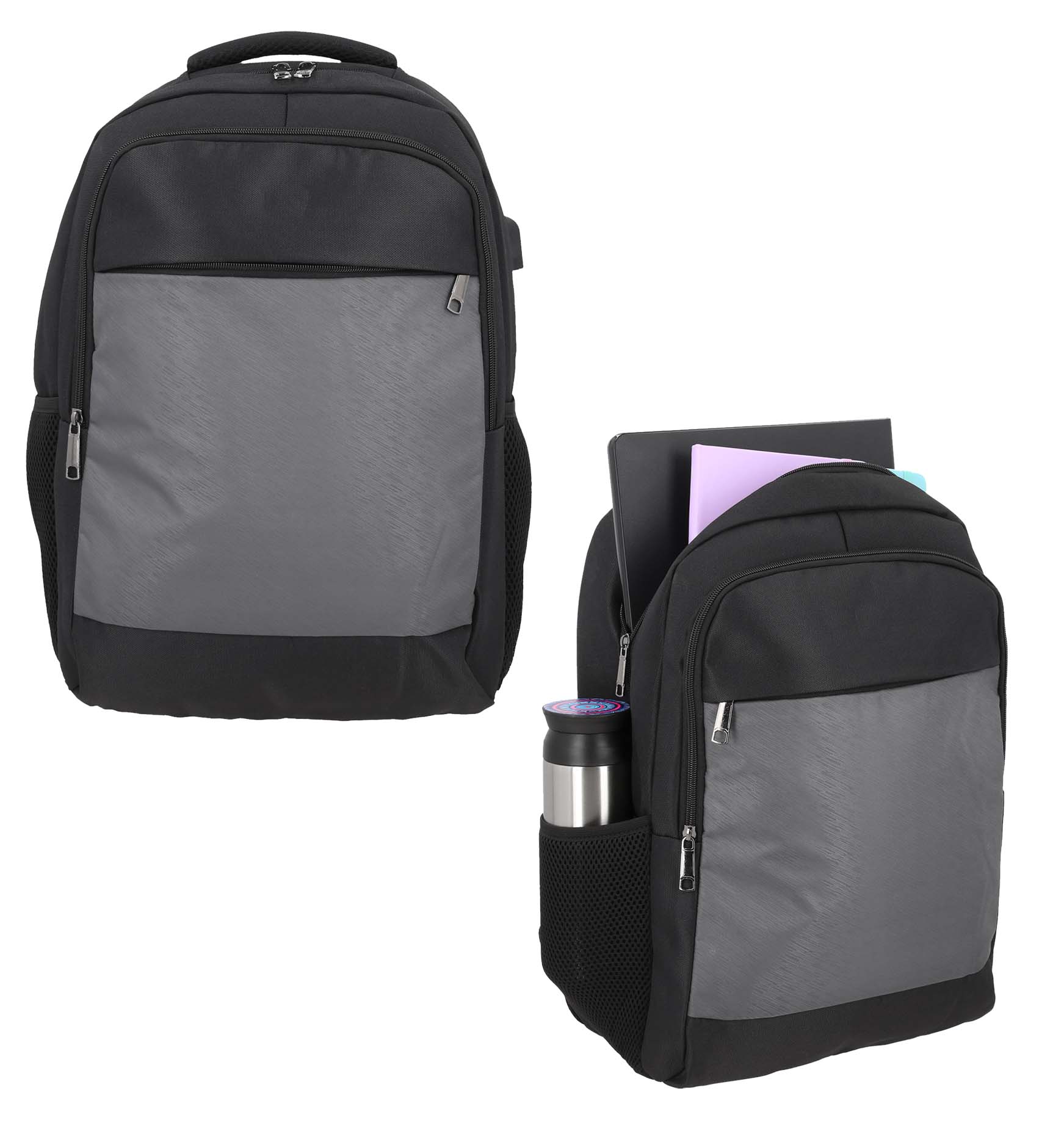 Mochila de 3 compartimentos con cierre, espacio acolchado para laptop de 17", dos mallas laterales, asa y carry on. NEGRO
