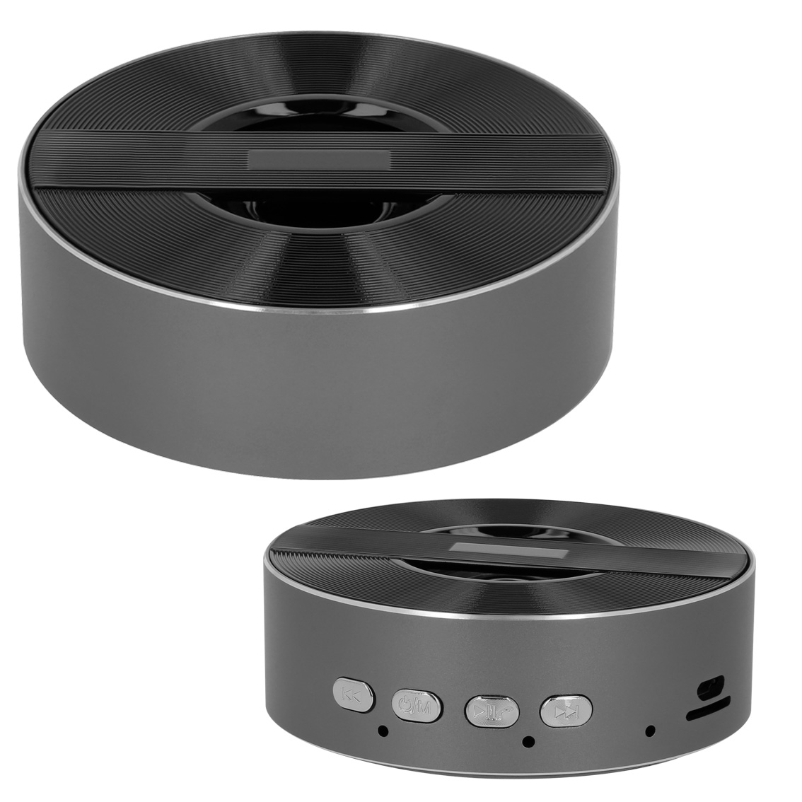 Bocina portátil con Bluetooth, Micro USB, auxiliar, Micro SD y batería recargable. Incluye cable de carga y auxiliar. Batería recargable con duración de 4 hrs. GRIS