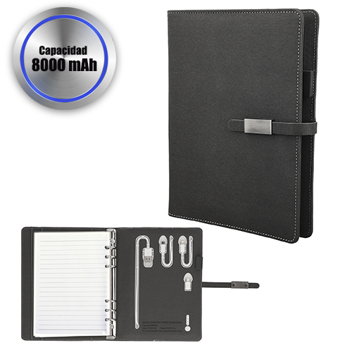 Carpeta de poliéster con block de 100 hojas rayadas, compartimiento para tarjetas, porta bolígrafo, cierre magnético, batería y cables. GRIS