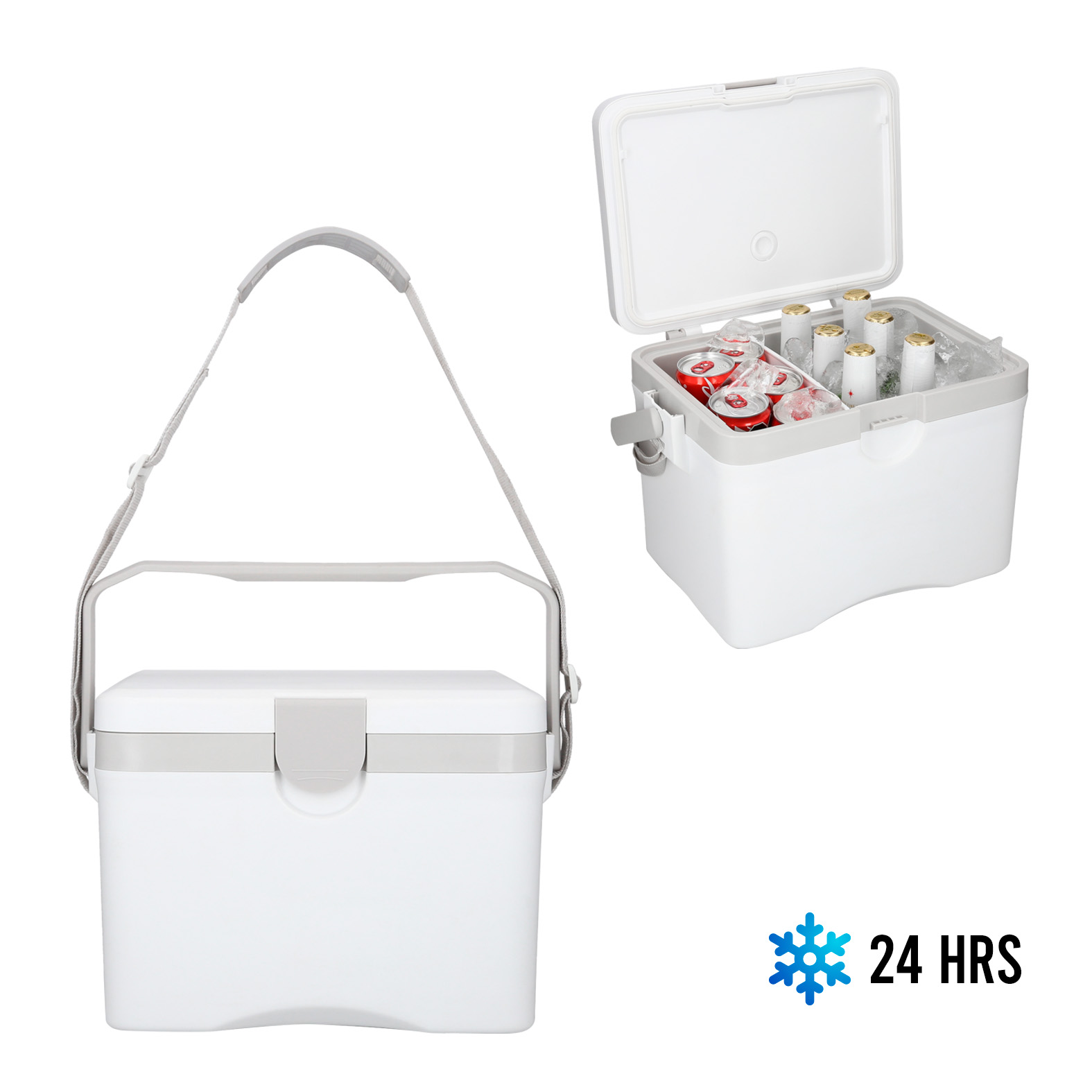 Hielera plástica de doble pared insulada al vacio con separador, broche de seguridad, asa superior y correa ajustable. BLANCO