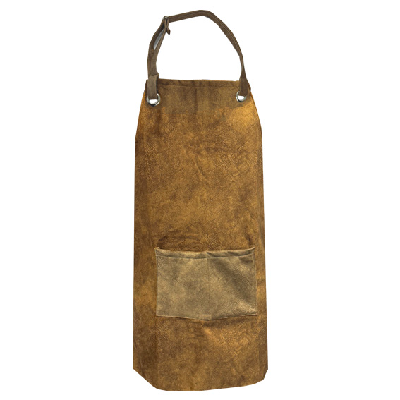 Delantal de curpiel con dos bolsas frontales, 4 arillos metálicos, correa superior ajustable y dos cintas laterales para ajuste en cintura. CAFE