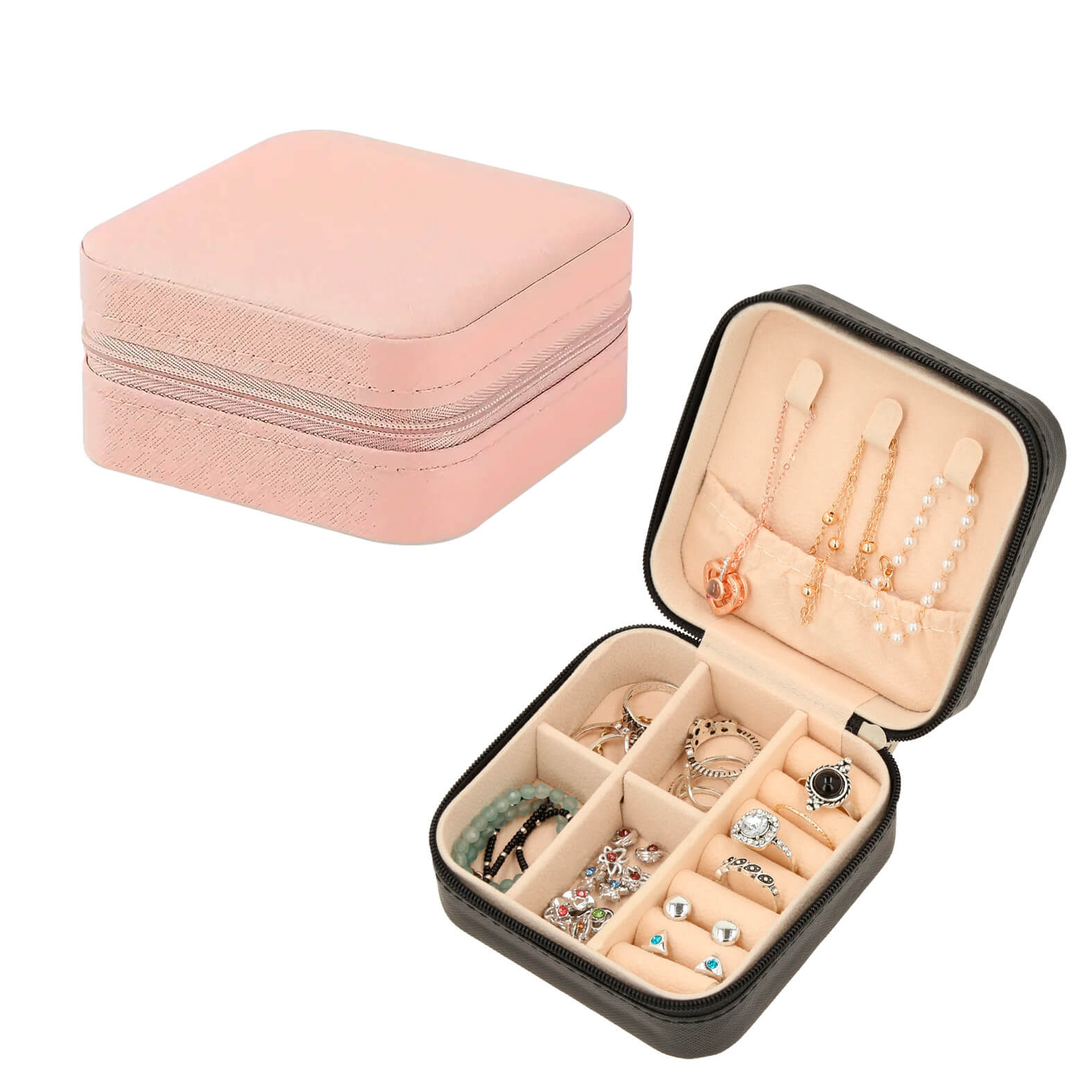 Organizador de joyas, cuenta con 3 ganchos, 6 ranuras y compartimentos para accesorios. NEGRO