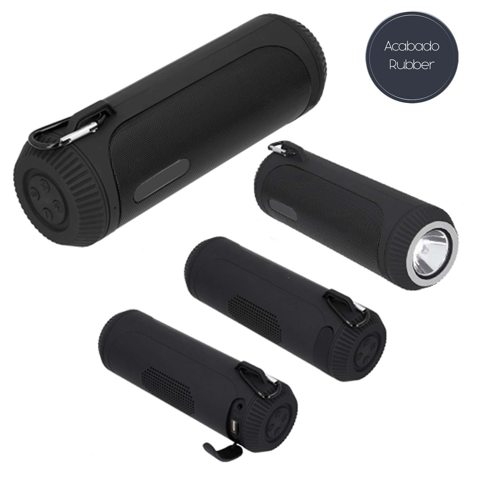 Bocina portátil bluetooth de plástico en acabado rubber con placa metálica, radio FM, botón de encendido y apagado, control de volumen, función de manos libres, lámpara de luz LED, asa, arnés de metal, cable aux., cable para carga micro USB, entrada tarjeta de memoria micro SD y USB con compartimento que protege los puertos del polvo. Con duración de 2-4 horas. NEGRO