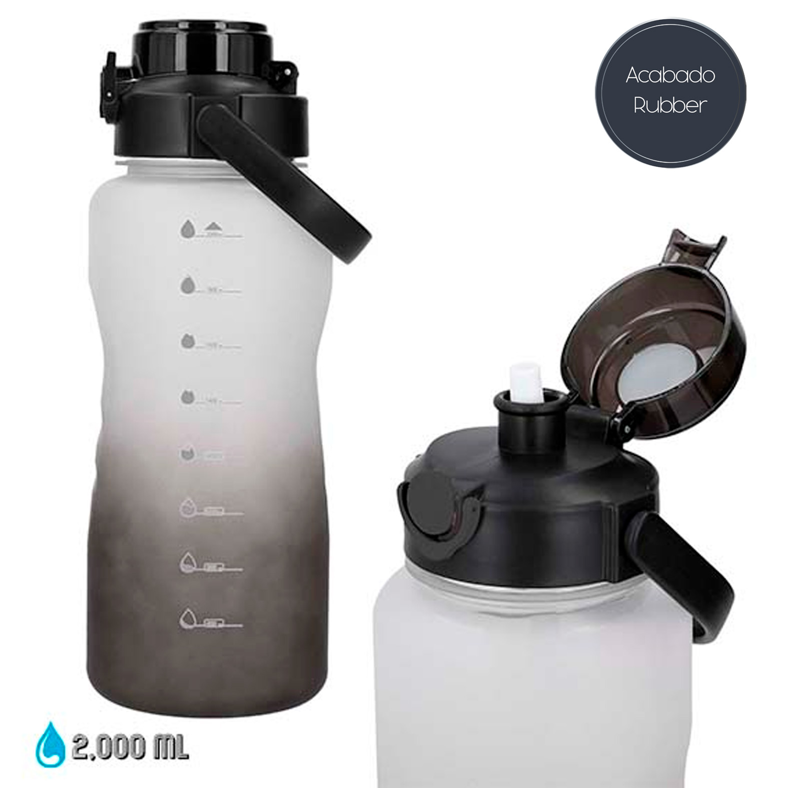 Cilindro de plástico con acabado rubber difuminado, tapa de seguridad y asa. NEGRO