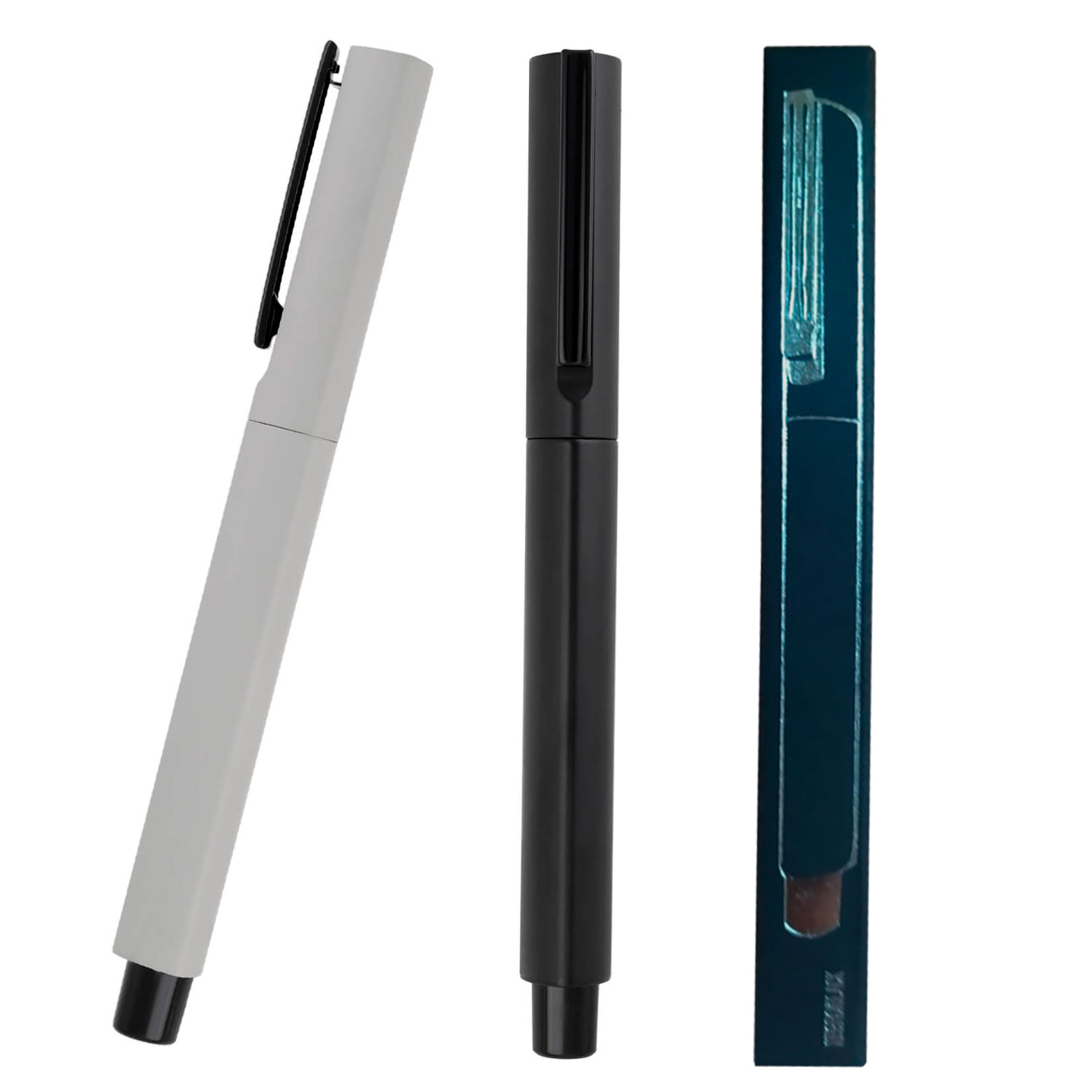 Bolígrafo metálico con clip y tapa. Incluye caja. GRIS