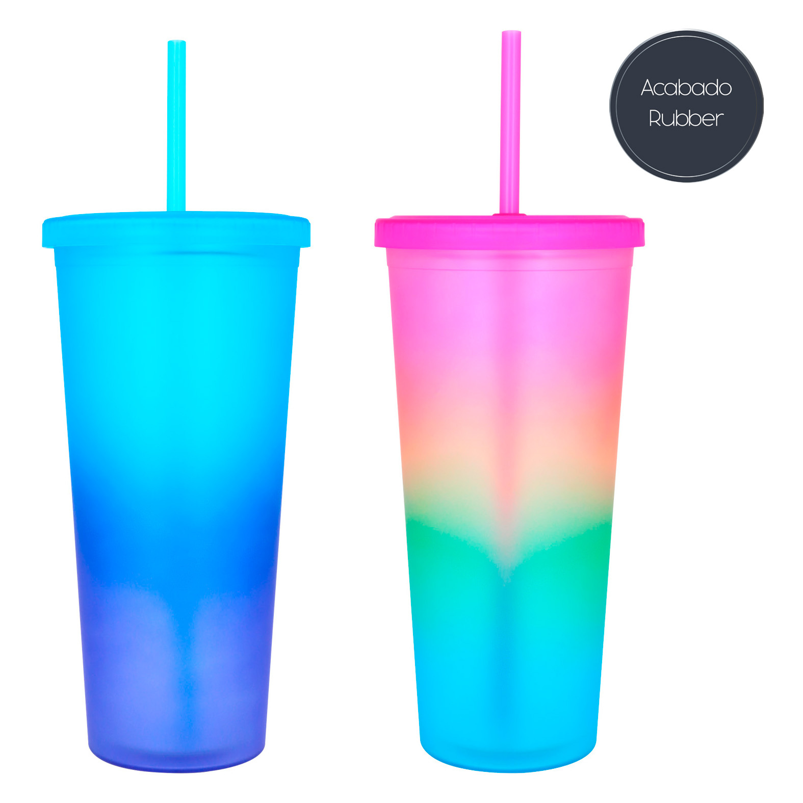 Termo de plástico con doble pared, tapa enroscable y acabado rubber. Incluye popote de plástico. ARCOIRIS