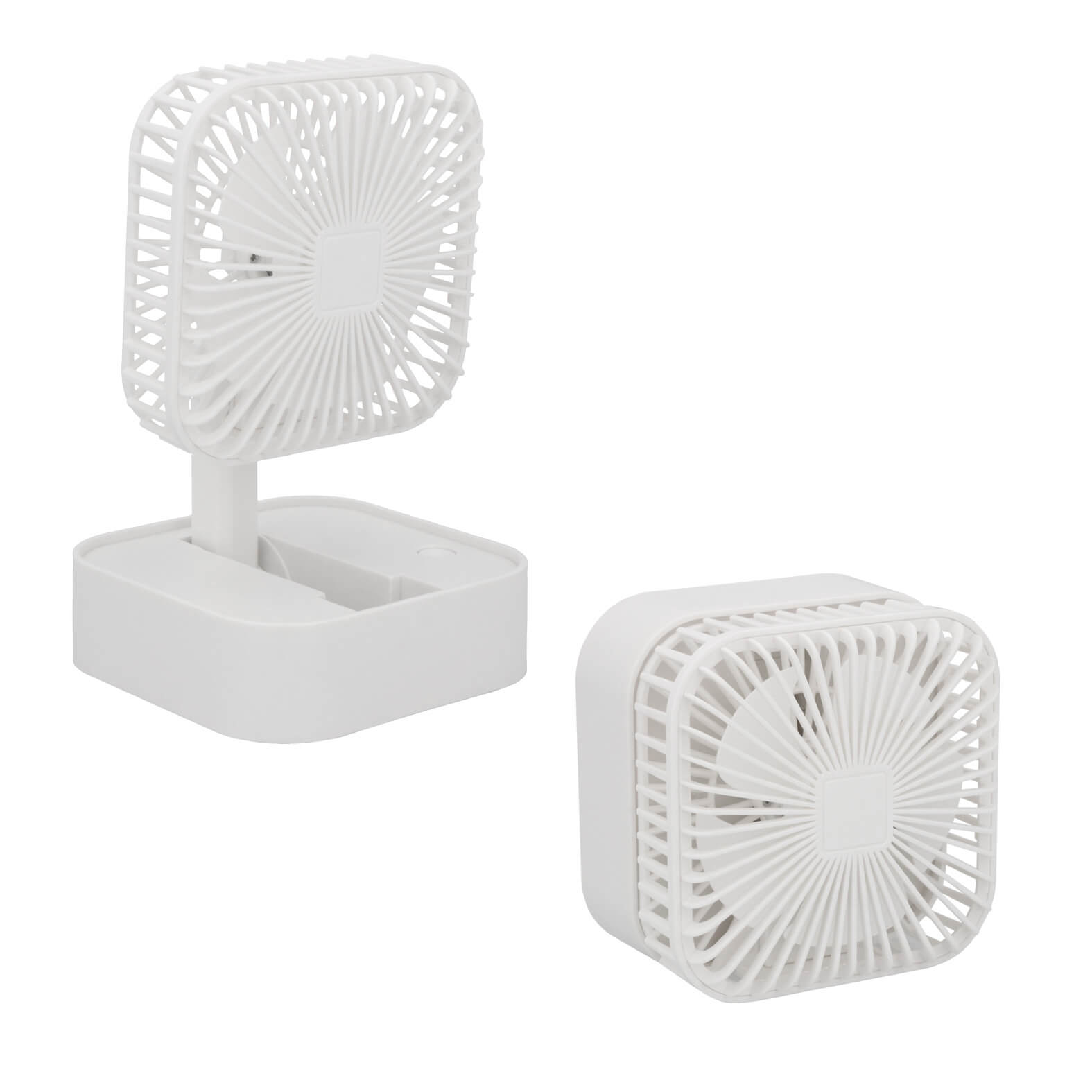 Mini ventilador plegable y de tamaño ajustable capaz de cambiar su posición a 180°. Incluye 3 velocidades, batería recargable y cable de carga DC5V. BLANCO