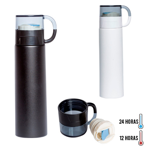 Termo de acero inoxidable, insulado al vacío, con tapa que sirve como taza. BLANCO