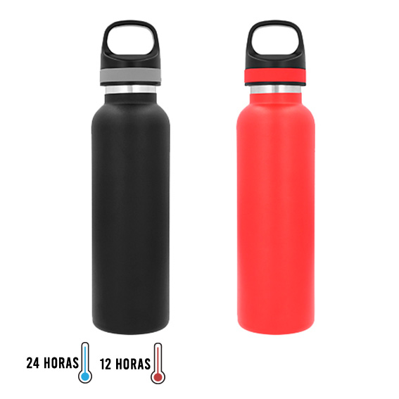 Termo con doble pared de acero inoxidable con tapa de plástico enroscable con cintillo de silicón y textura en el cuerpo. NEGRO