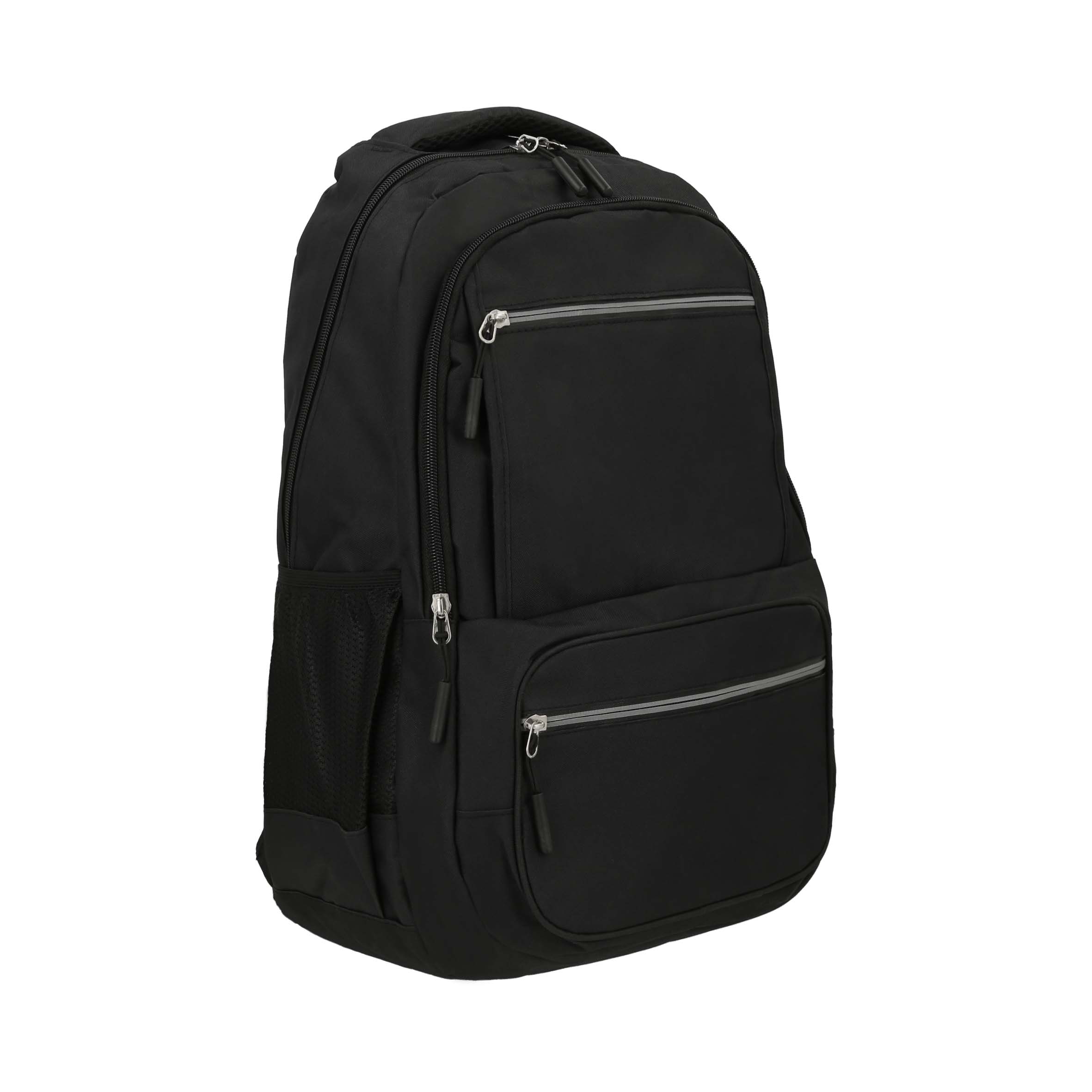 Mochila con 4 compartimentos, 1 compartimento principal con apartado para laptop de 19", 3 compartimentos frontales y 2 bolsas de malla laterales. NEGRO