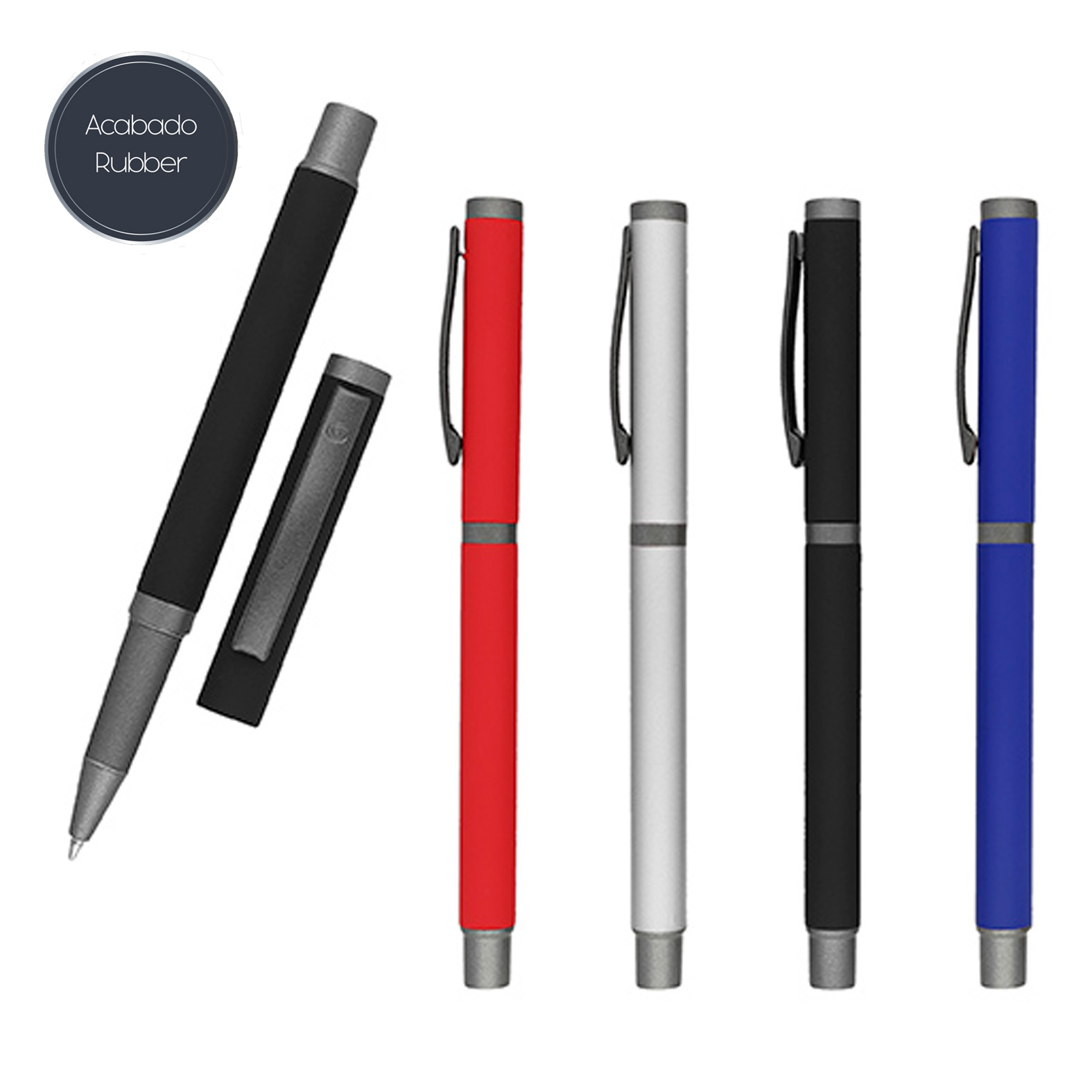Bolígrafo metálico acabado rubber con detalles en base y tapa color gris. AZUL