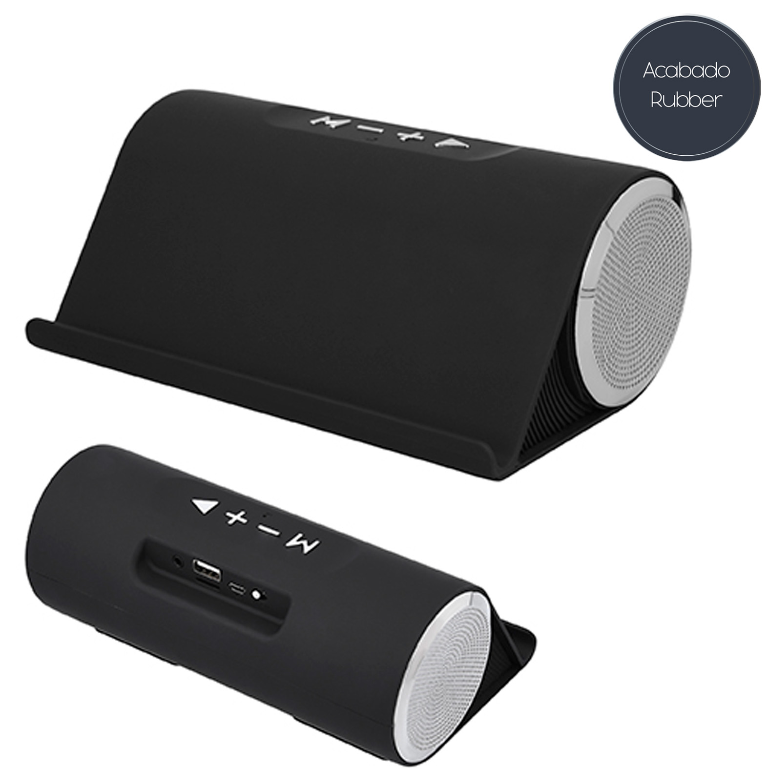 Bocina portátil de acabado rubber con radio FM, Bluetooth, entrada USB, auxiliar y micro SD. batería recargable con duración de 2-5 horas. Incluye cable de carga. NEGRO