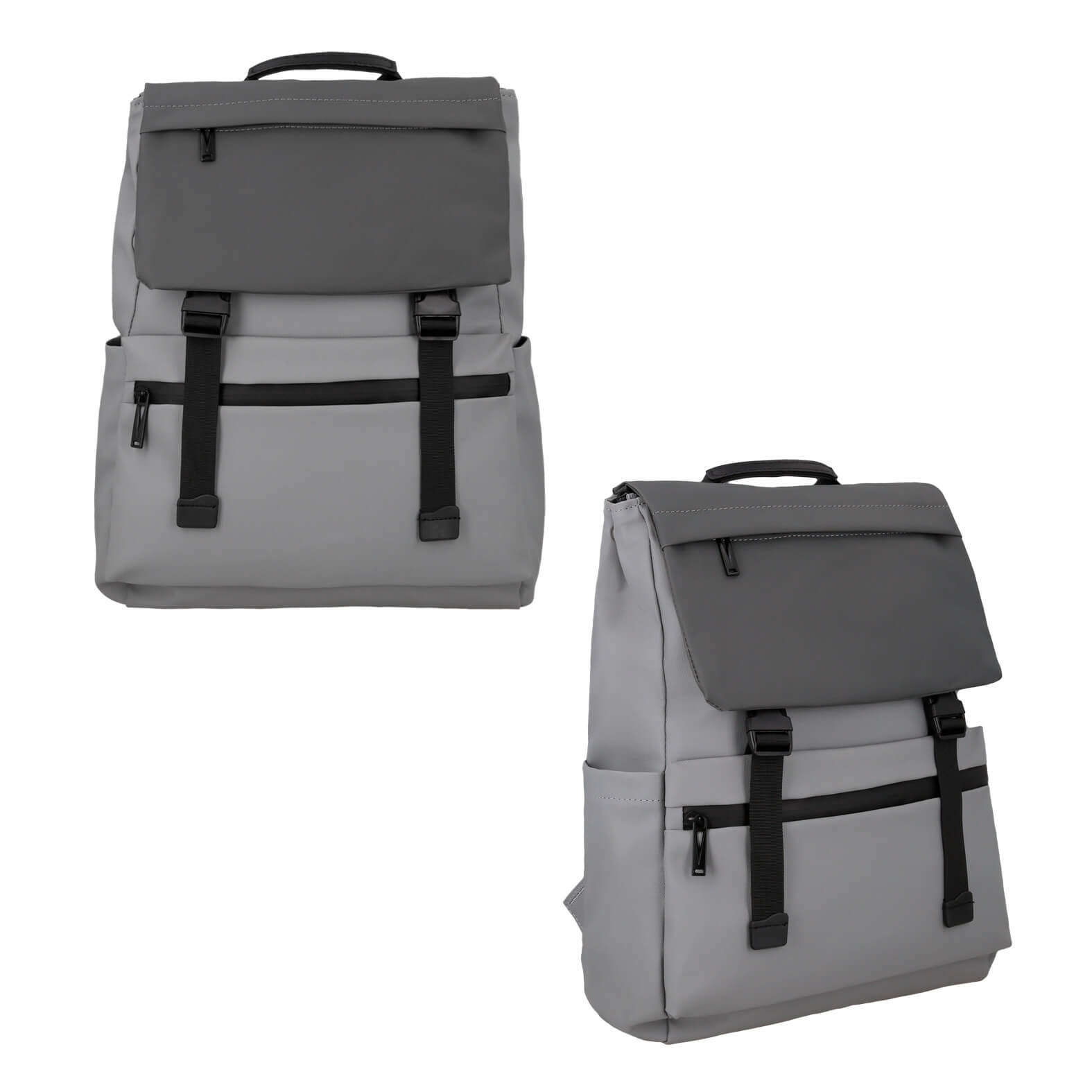 Mochila de 1 compartimento principal con espacio para porta laptop, 1 bolsa interna, 1 bolsa frontal, entrada lateral de batería portátil, dos bolsas laterales, carry on y asa superior. GRIS