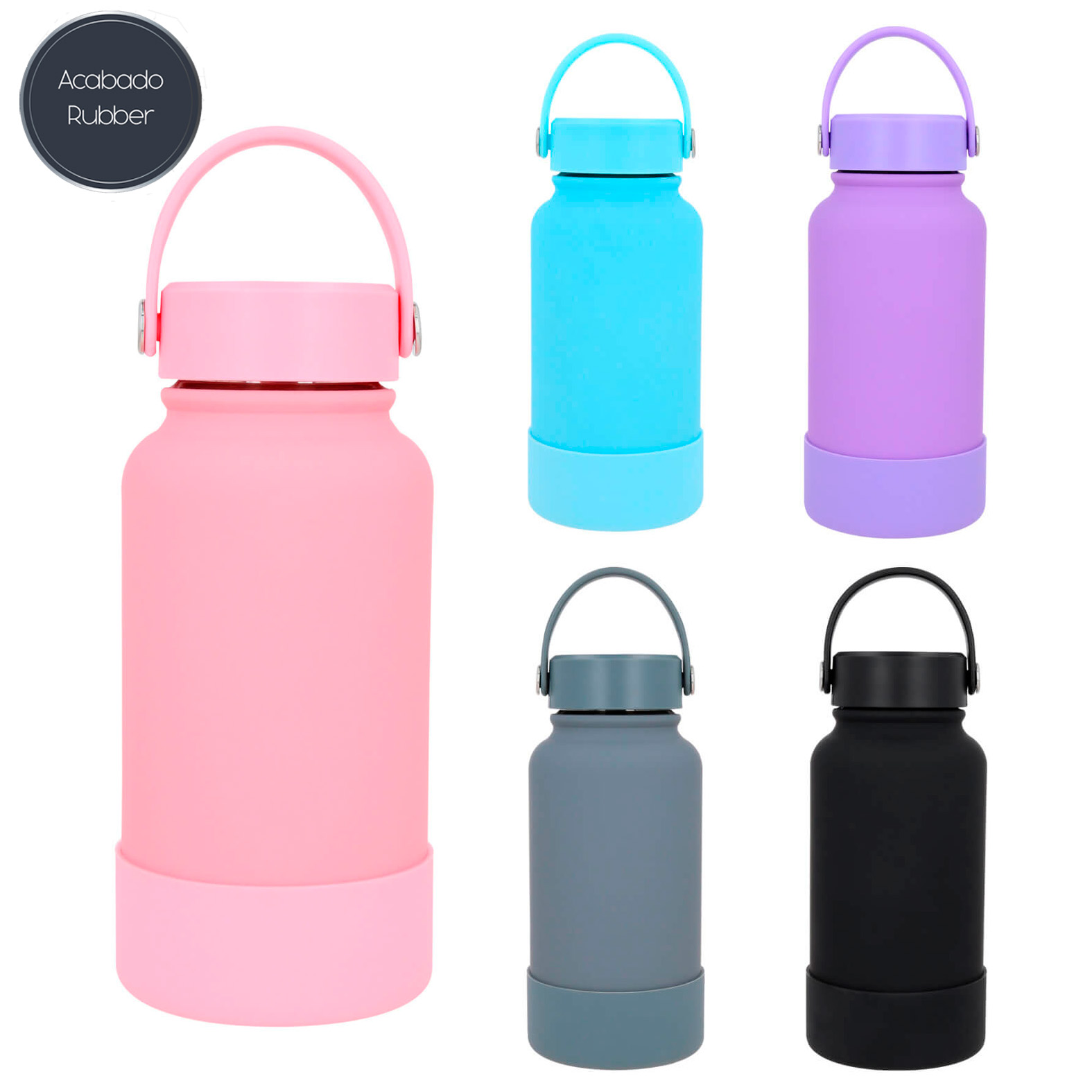 Termo con doble pared de acero inoxidable, insulado al vacío, acabado rubber con silicón en la parte inferior y tapa enroscable con asa. AZUL CLARO