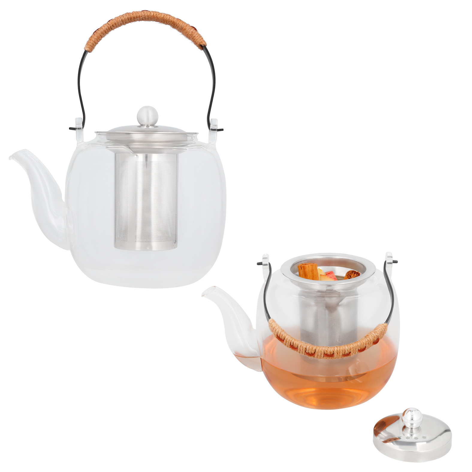 Tetera de vidrio con infusor de acero inoxidable, tapa y asa metalica recubierta con cuerda. TRANSPARENTE