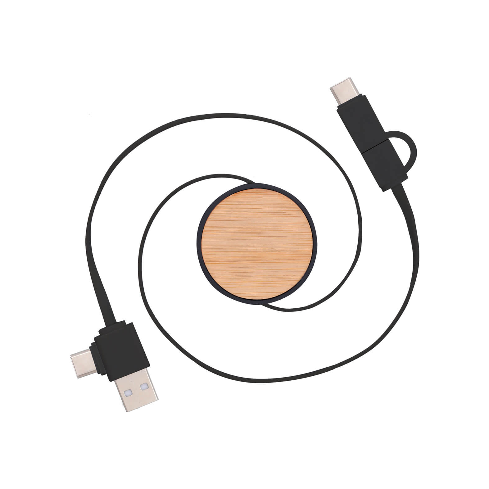 Cargador multifuncional circular con detalle de bambú, entrada tipo USB, tipo C, conector de salida tipo lightning y tipo C. NEGRO