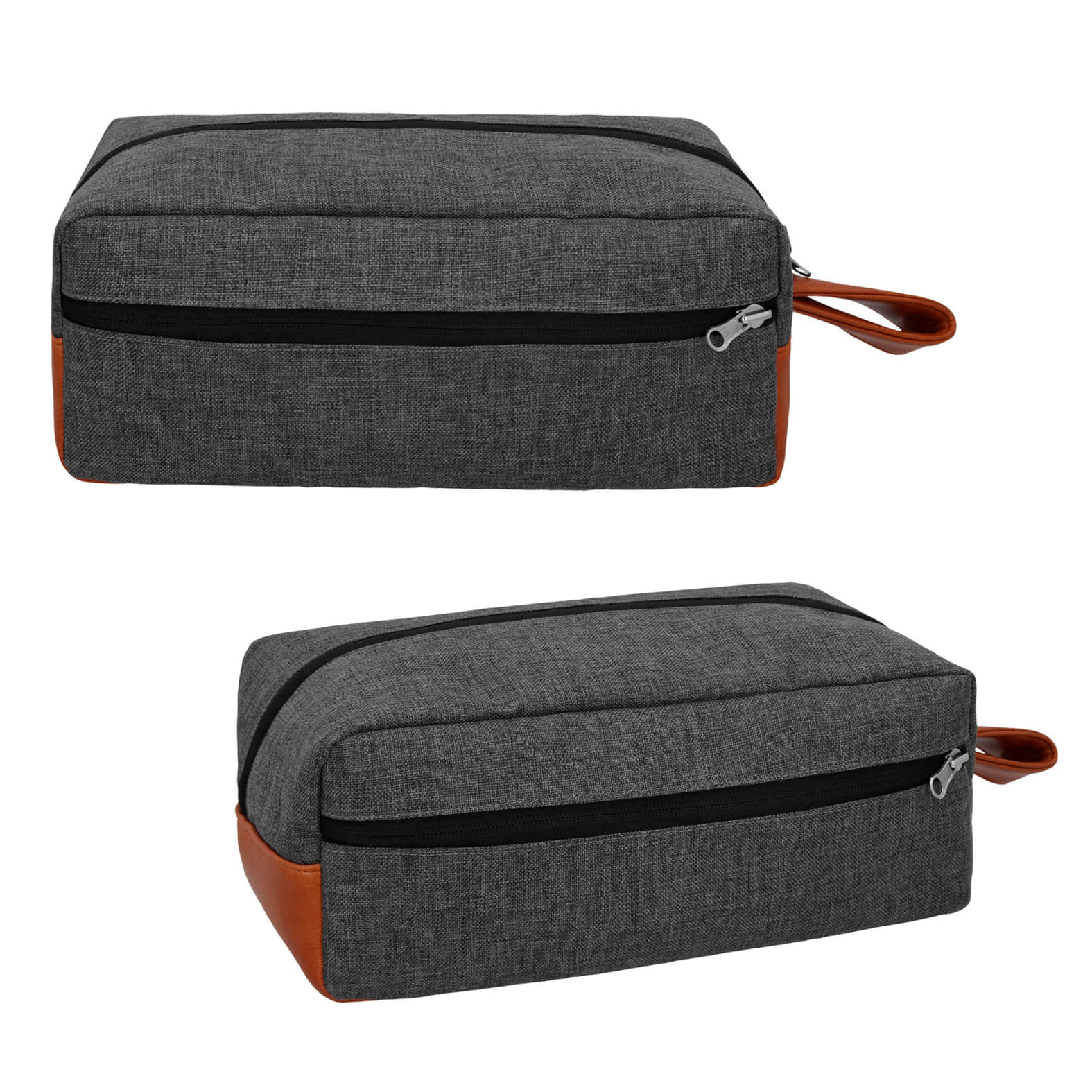 Neceser con interior reforzado, compartimento frontal, base y correa de curpiel. GRIS