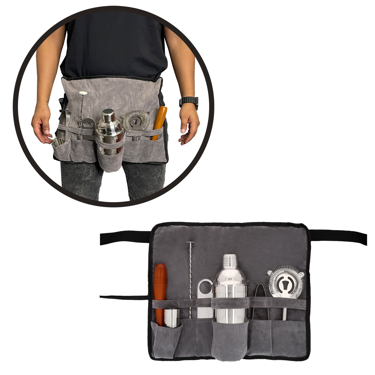 Set de coctelería. Incluye 8 accesorios: funda, shaker, medidor, cucharilla, mortero, destapador, pinzas y colador / mezclador. GRIS