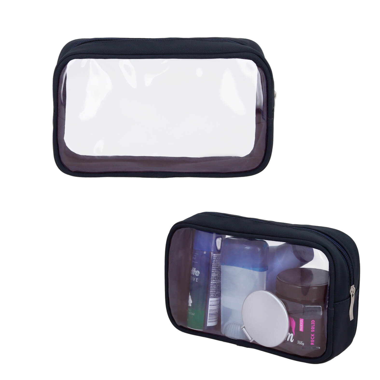 Neceser de viaje con plástico transparente, cierre y fuelle. NEGRO