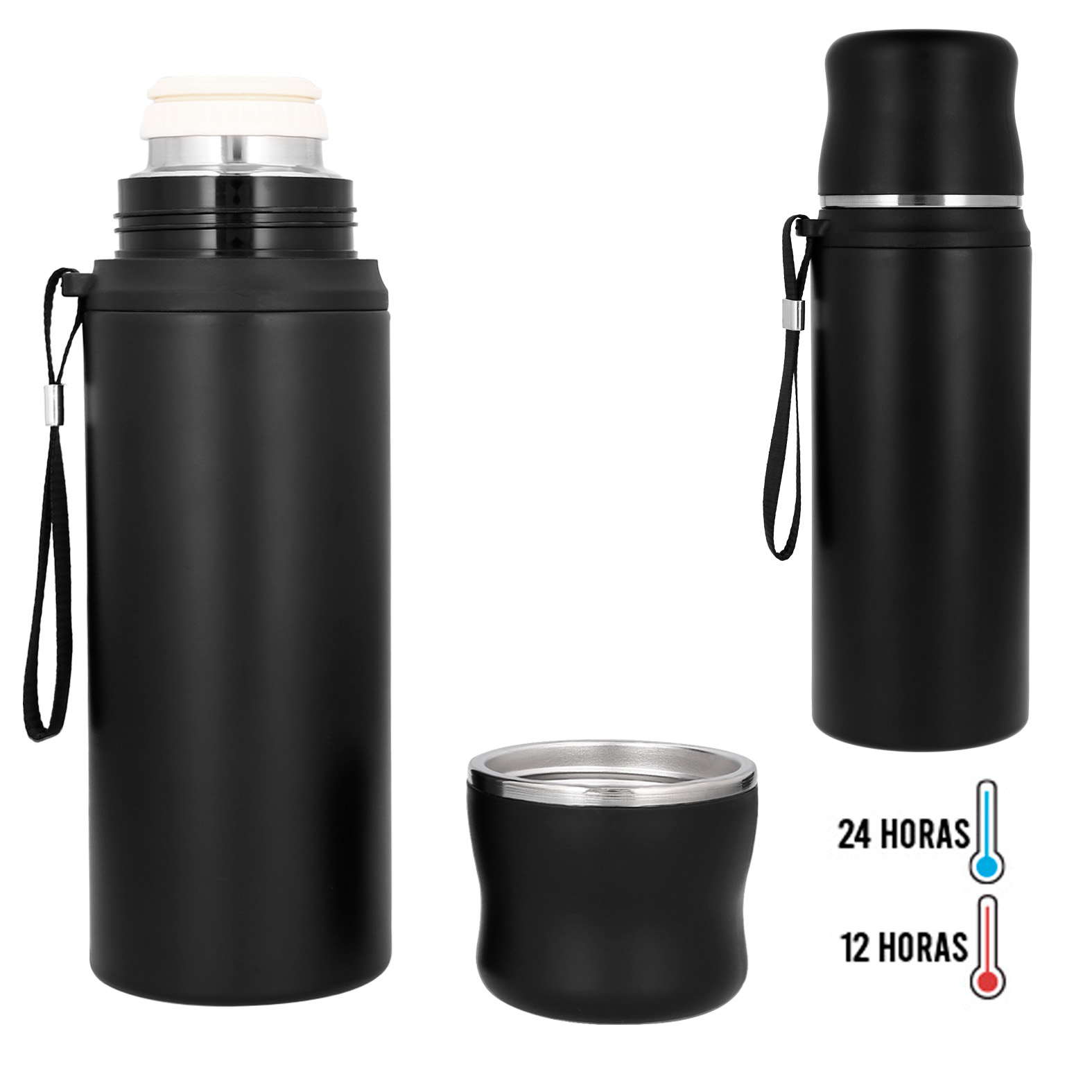 Termo con doble pared de acero inoxidable insulado al vacío. Incluye tapa de rosca que se utiliza como taza y una cinta ajustable para sujetarlo. NEGRO
