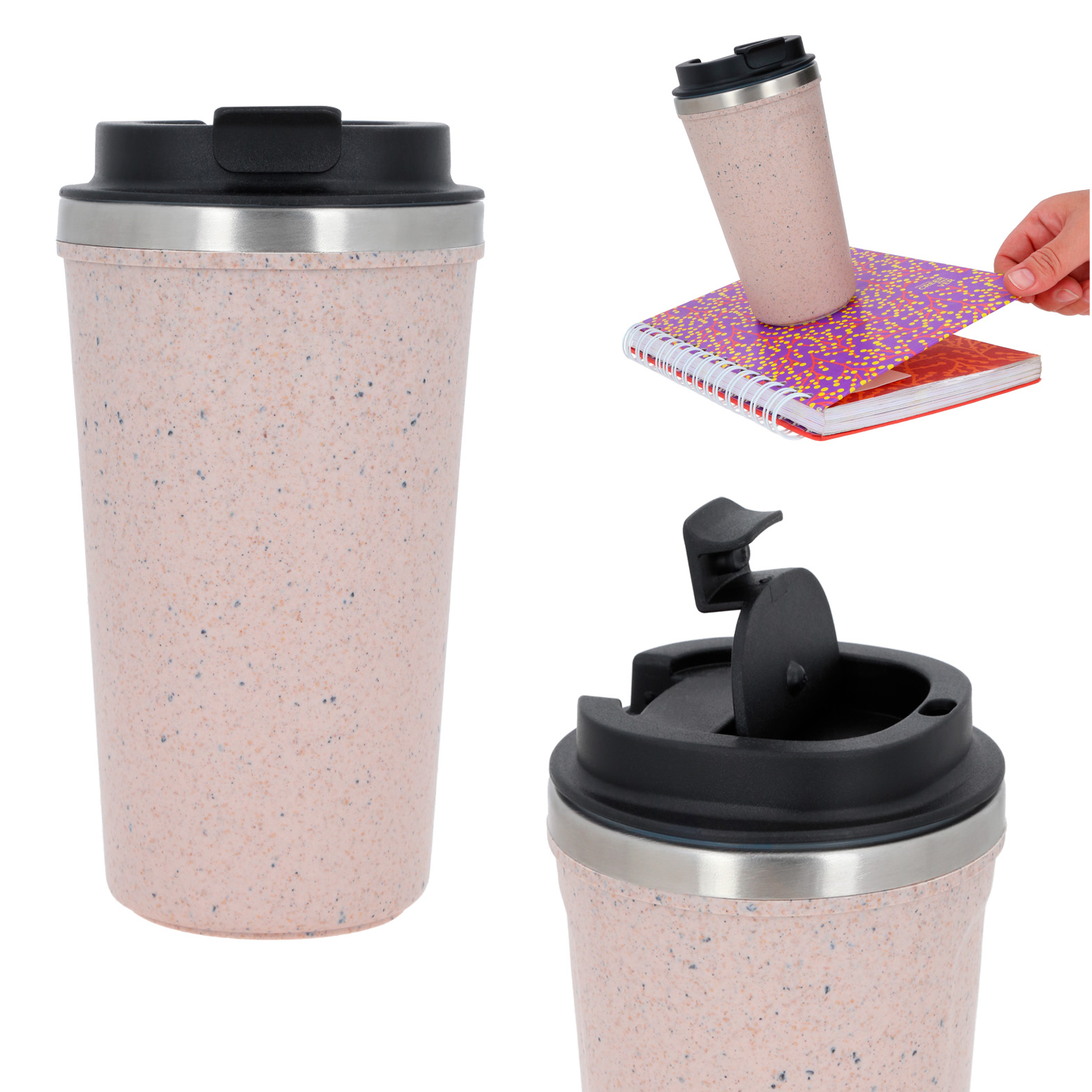 Termo de doble pared de acero inoxidable y exterior de plástico elaborado a base de granos de café reciclado con tapa plástica enroscable. Incluye en la parte inferior un chupón anti derrame. NATURAL