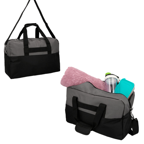 Maleta deportiva con bolsa plástica interior con cierre, dos asas superiores reforzadas con velcro y correa ajustable. GRIS