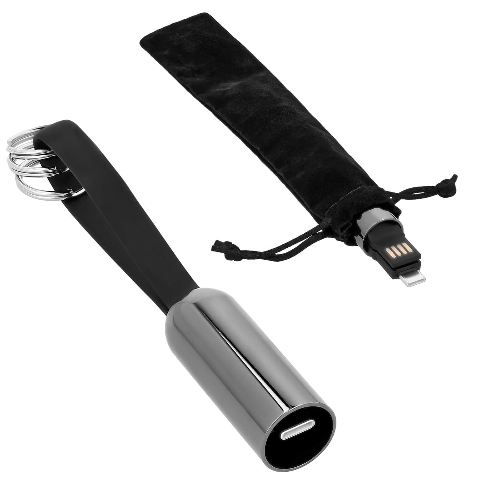 Cargador multifuncional con correa de silicón, protector de metal y 3 arillos para usar como llavero, con entrada micro usb, entrada para iphone, entrada tipo C y entrada usb para carga. (Incluye imán para unirlos). NEGRO