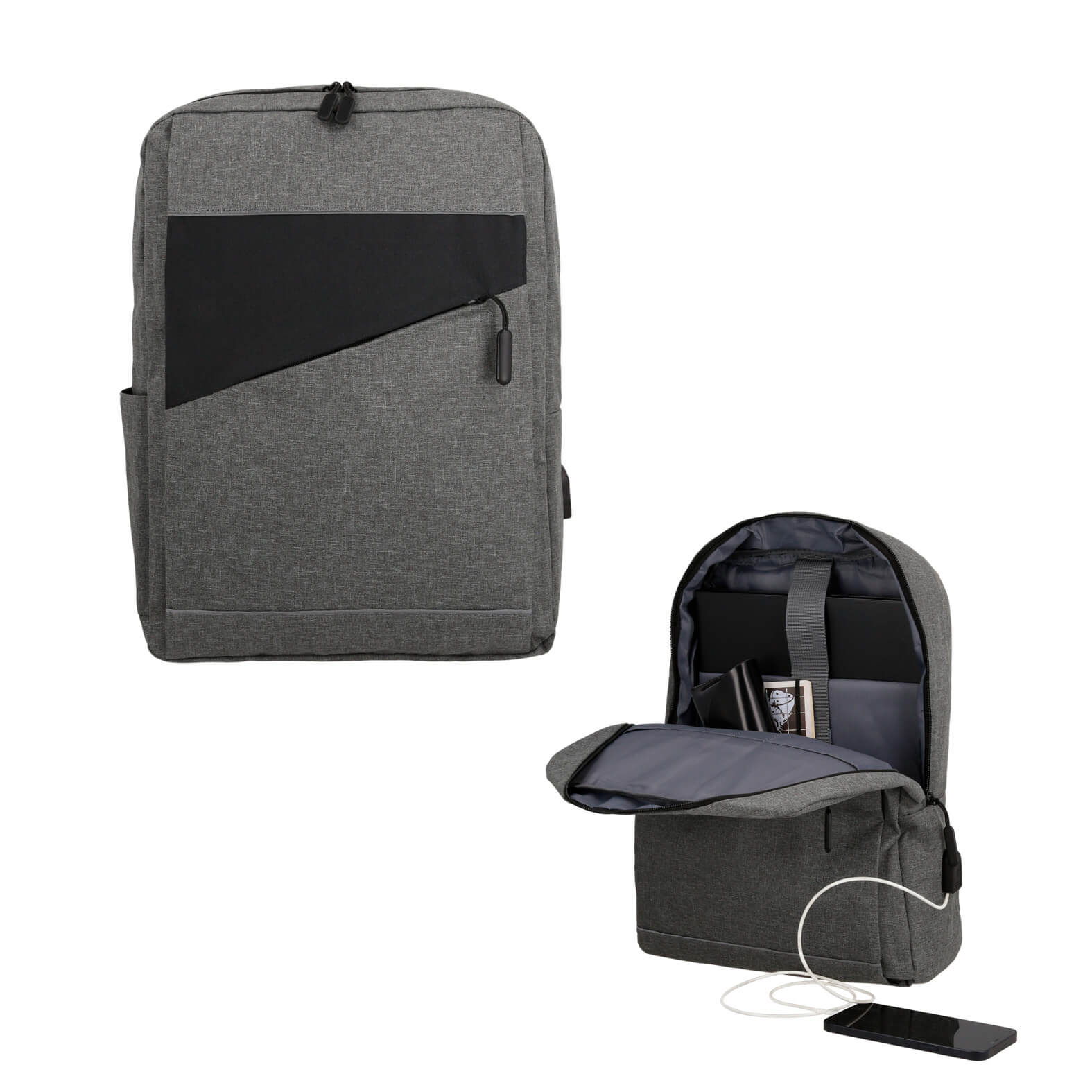 Mochila de 1 compartimento con porta laptop, organizador interior, entrada lateral de batería portátil, 1 bolsa frontal con cierre, tirantes acolchados y asa metálica superior. GRIS