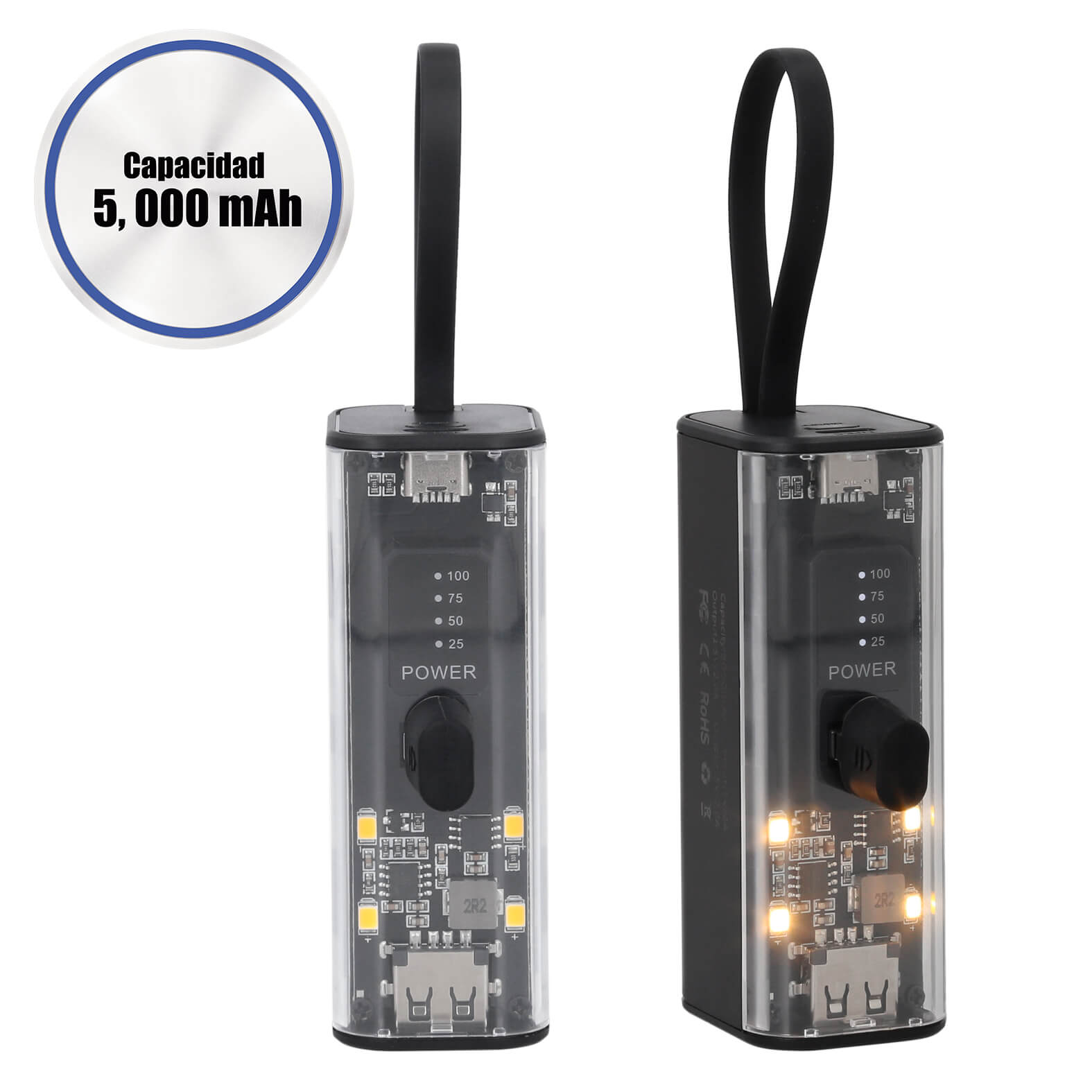 Power Bank transparente de 5,000 mAh con salida y puerto tipo C, 1 cable lightning, 1 cable y puerto USB. NEGRO