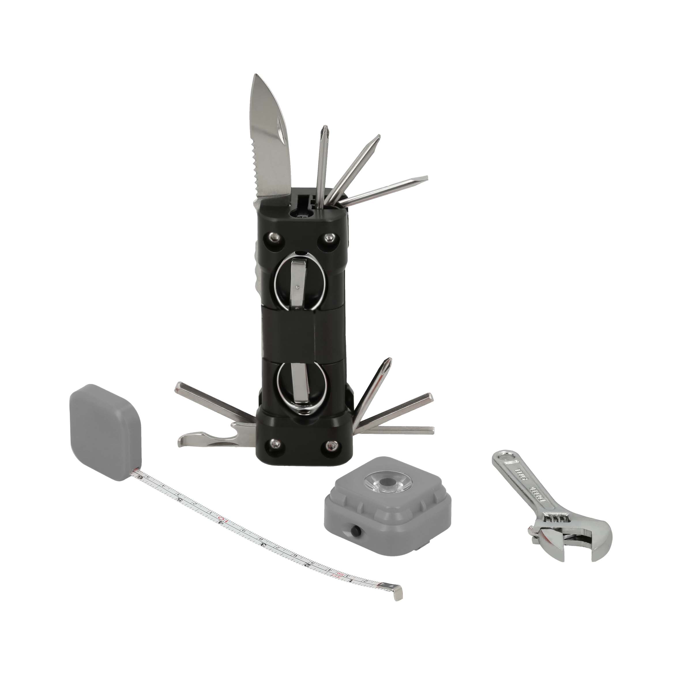 Desarmador 13 en 1, cuerpo de plástico con lampara y flexómetro, utiliza 3 baterías LR44 (No incluidas). NEGRO