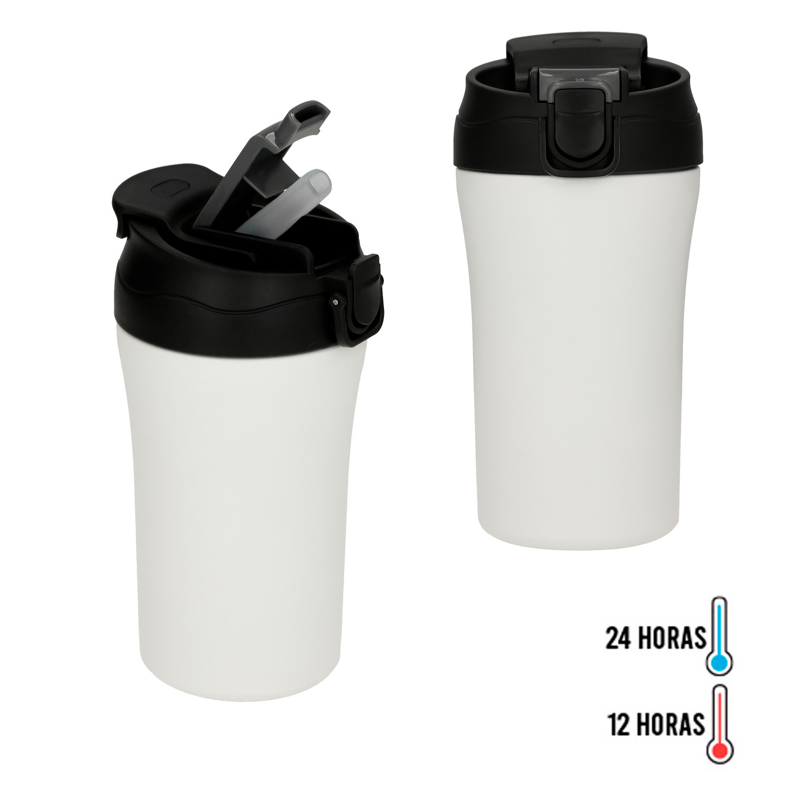 Termo de acero inoxidable y doble pared insulado al vacío de acabado rugoso. Cuenta con tapa de doble funcionalidad (boquilla normal para bebidas calientes y popote con protector y seguro para bebidas frías). BLANCO