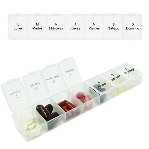 Pastillero de plástico con broche y 7 compartimentos. TRANSPARENTE