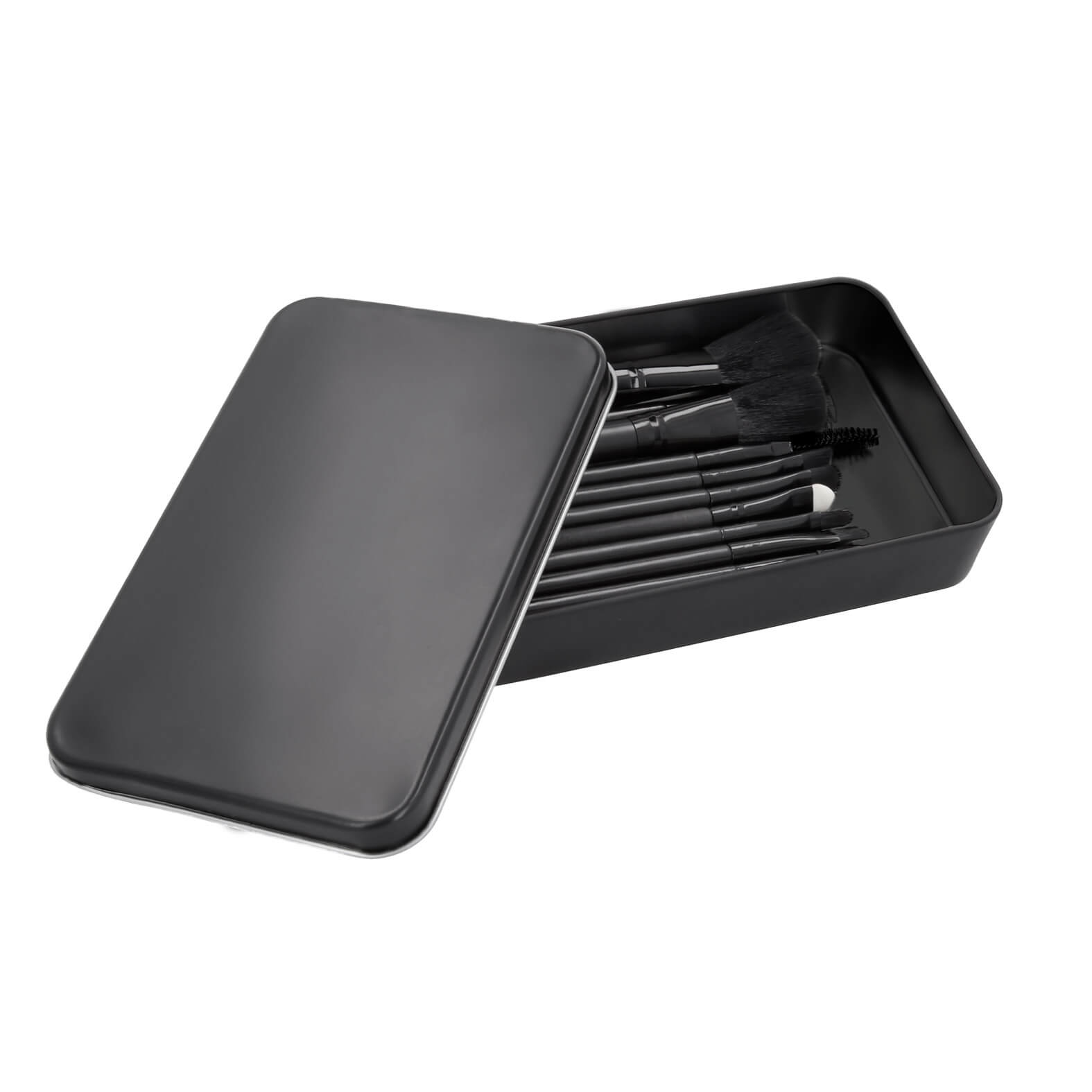 Set de 12 brochas hipoalérgenicas de maquillaje para viaje con caja metálica de regalo. NEGRO