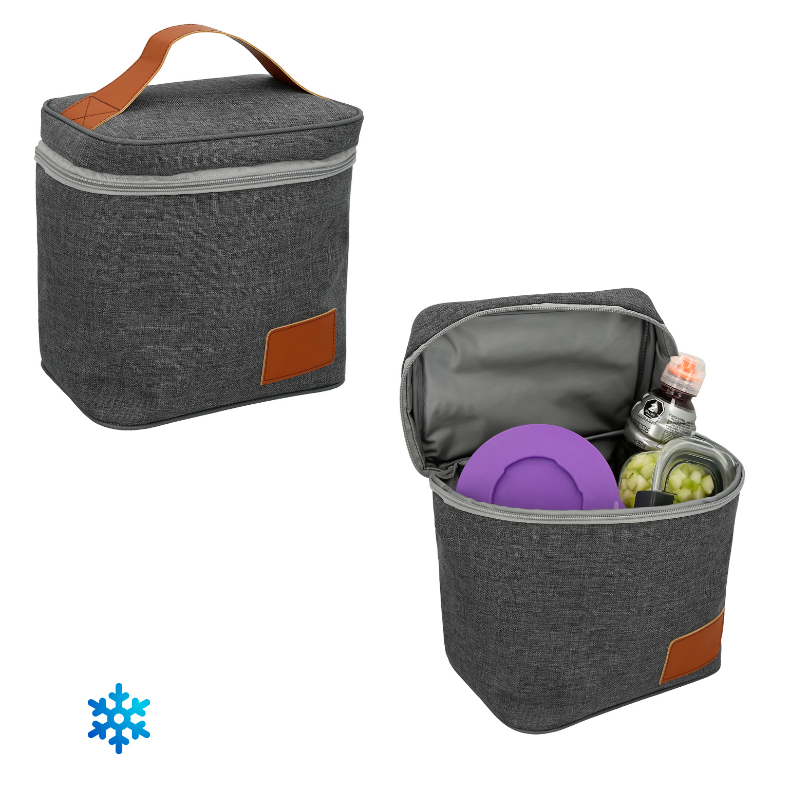 Hielera cuadrada con asa superior de curpiel e interior impermeable plastificado. GRIS