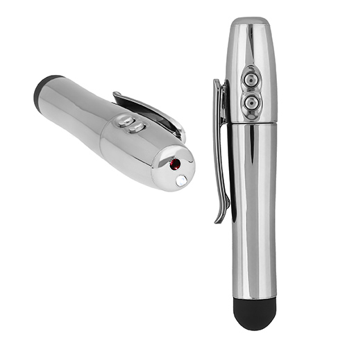 Apuntador láser con goma touch screen, luz y clip. Incluye 3 baterías. PLATA