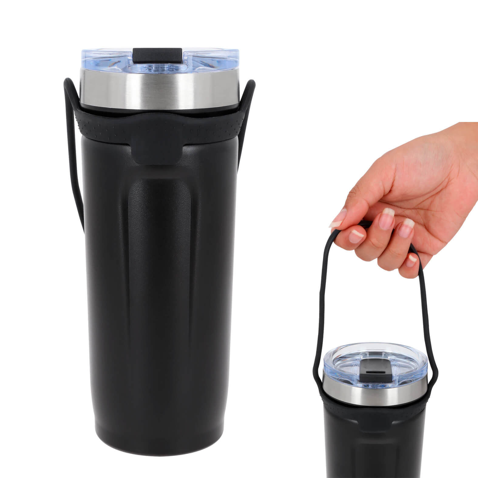 Termo con doble pared de acero inoxidable, insulado al vacío, acabado rugoso, tapa de cierre a presión y banda elástica. NEGRO