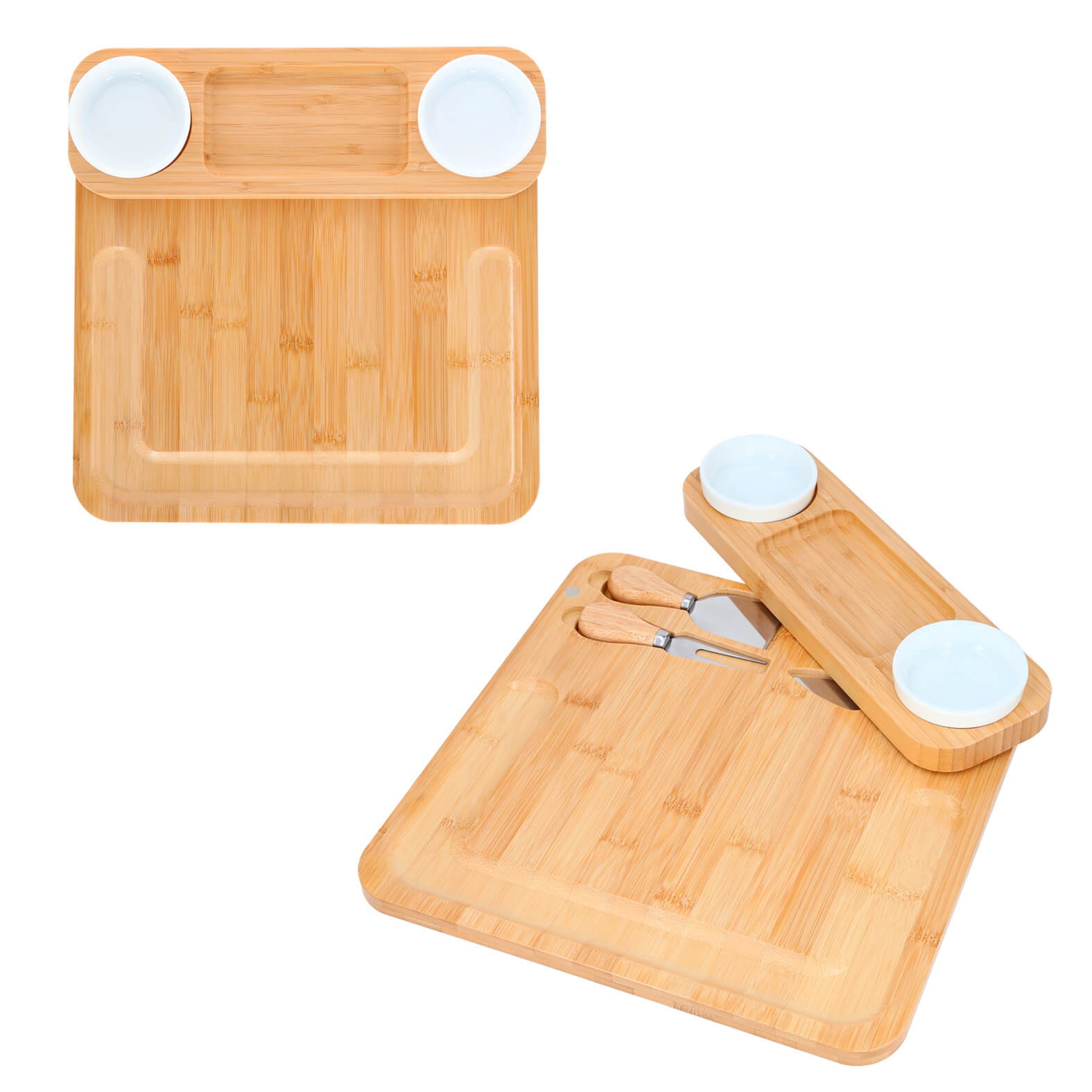 Tabla de quesos separable que incluye 2 mini platos de cerámica, 1 tenedor, 1 cuchillo, 1 cuchillo de avión estrecho y 1 cuchillo de pala. BAMBU